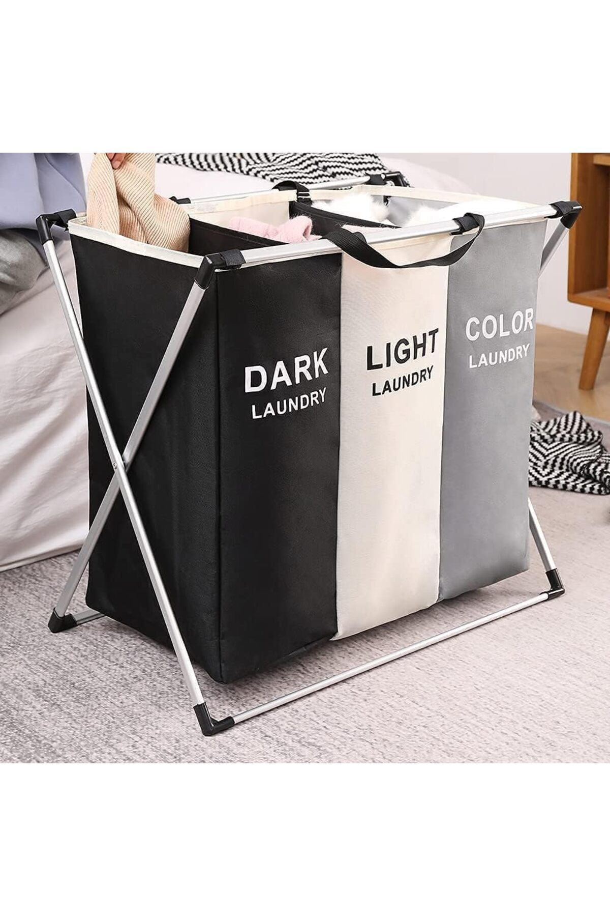 ALMUFARREJ سلة غسيل للملابس، 3 أقسام، إطار حقيبة منظم قابل للطي، سلة تخزين للملابس المتسخة