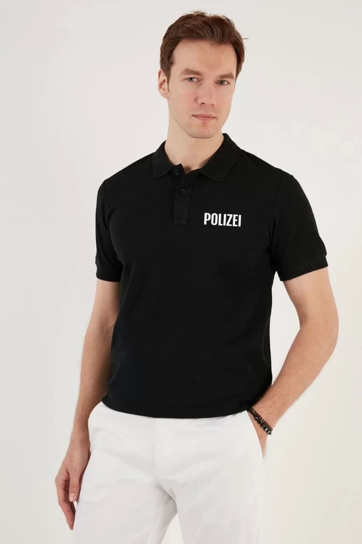 CVS Yakası Düğmeli Yakalı Pike Baskılı T-Shirt - Siyah