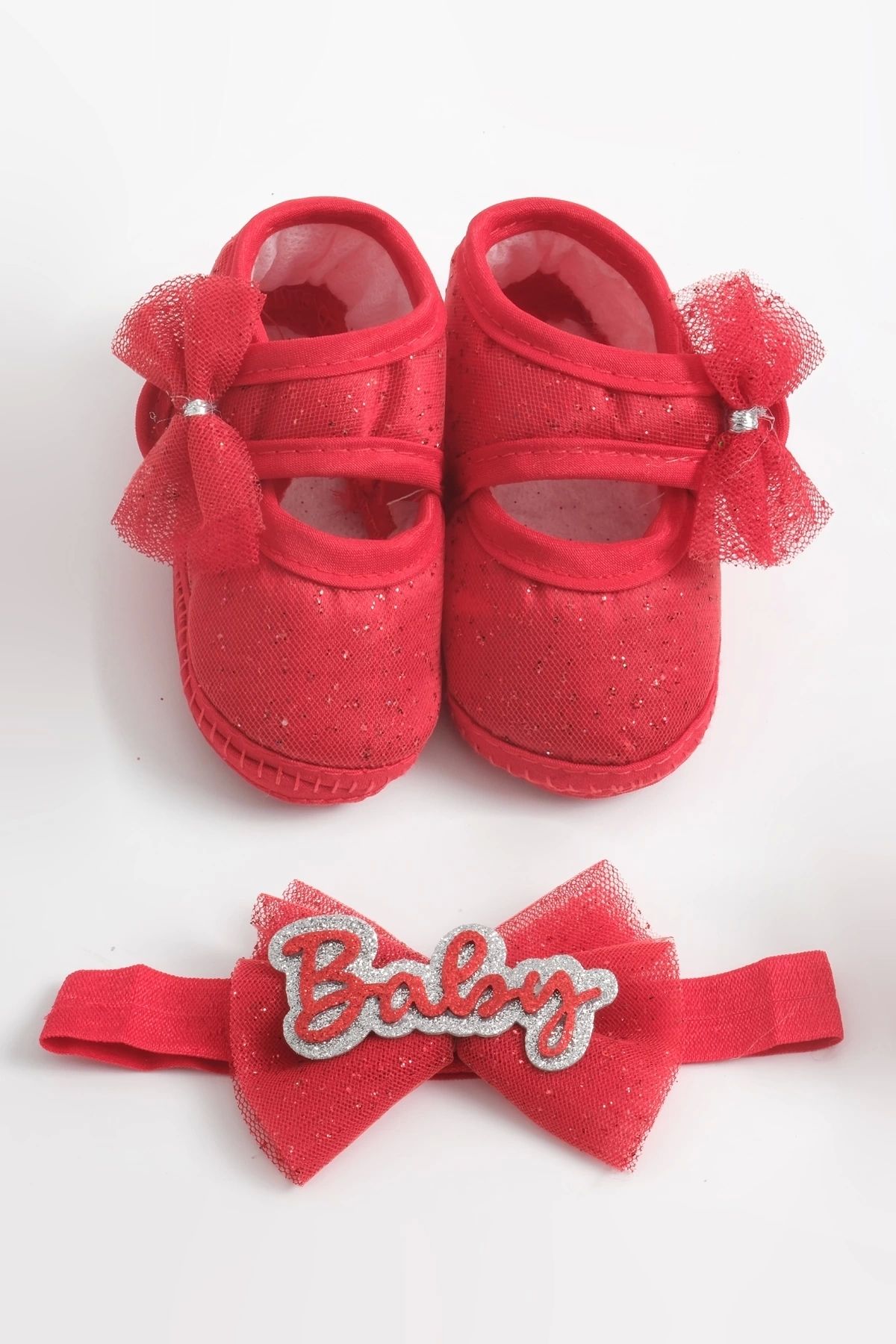 LOGO AKSESUAR-0-3 Months Red Lace Glitter Baby Bandana and Booties Set 1