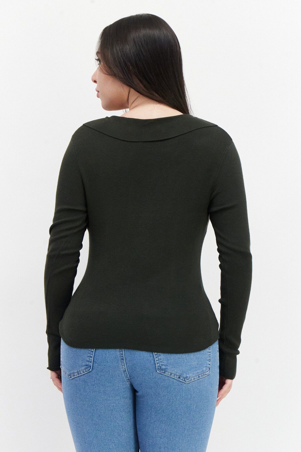French Connection-Women V-neck Textured Sweater, Olive 3
