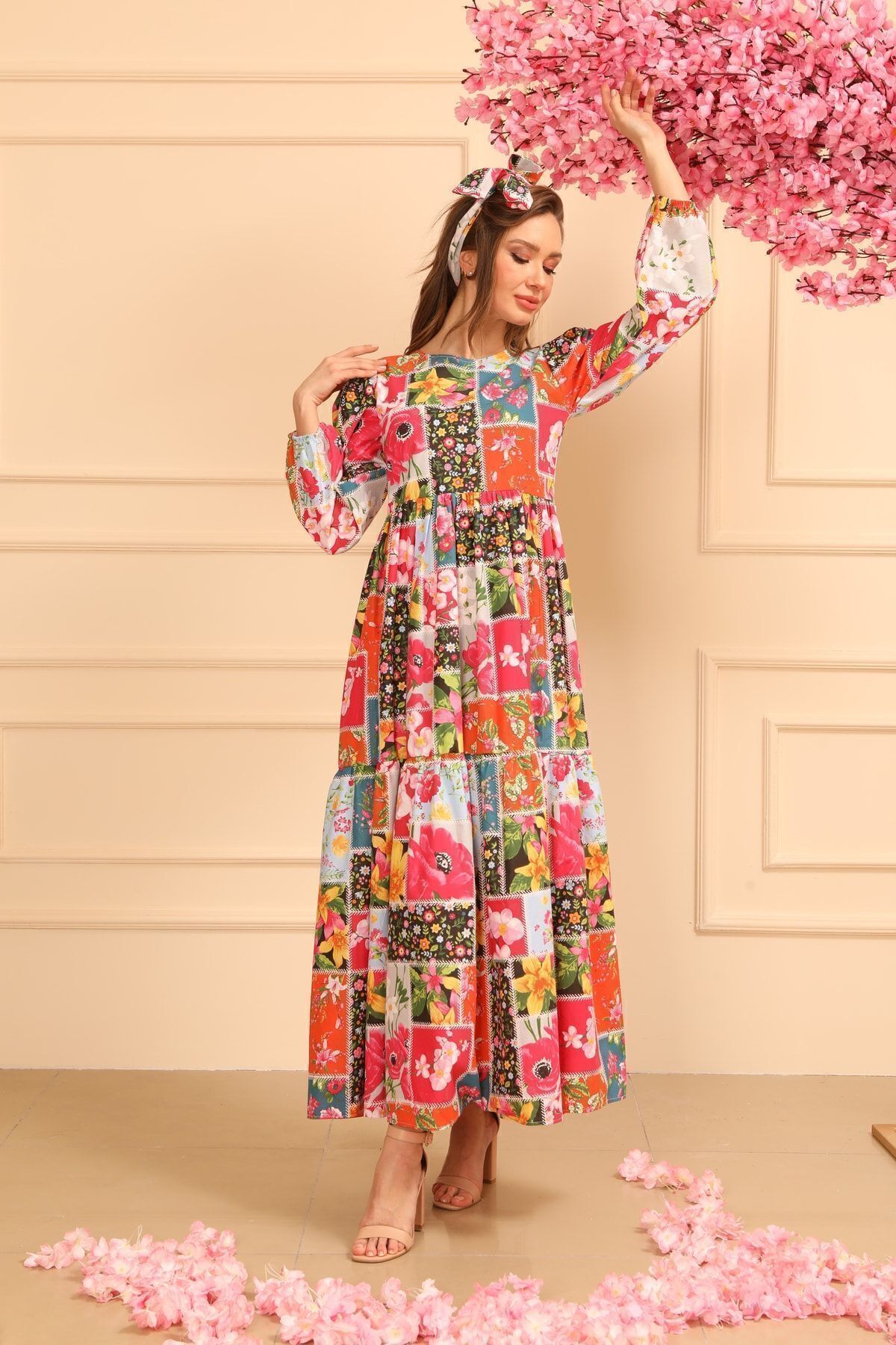 KÜÇÜĞÜM BUTİK-Rochie cu mâneci lungi cu modele autentice roz 3