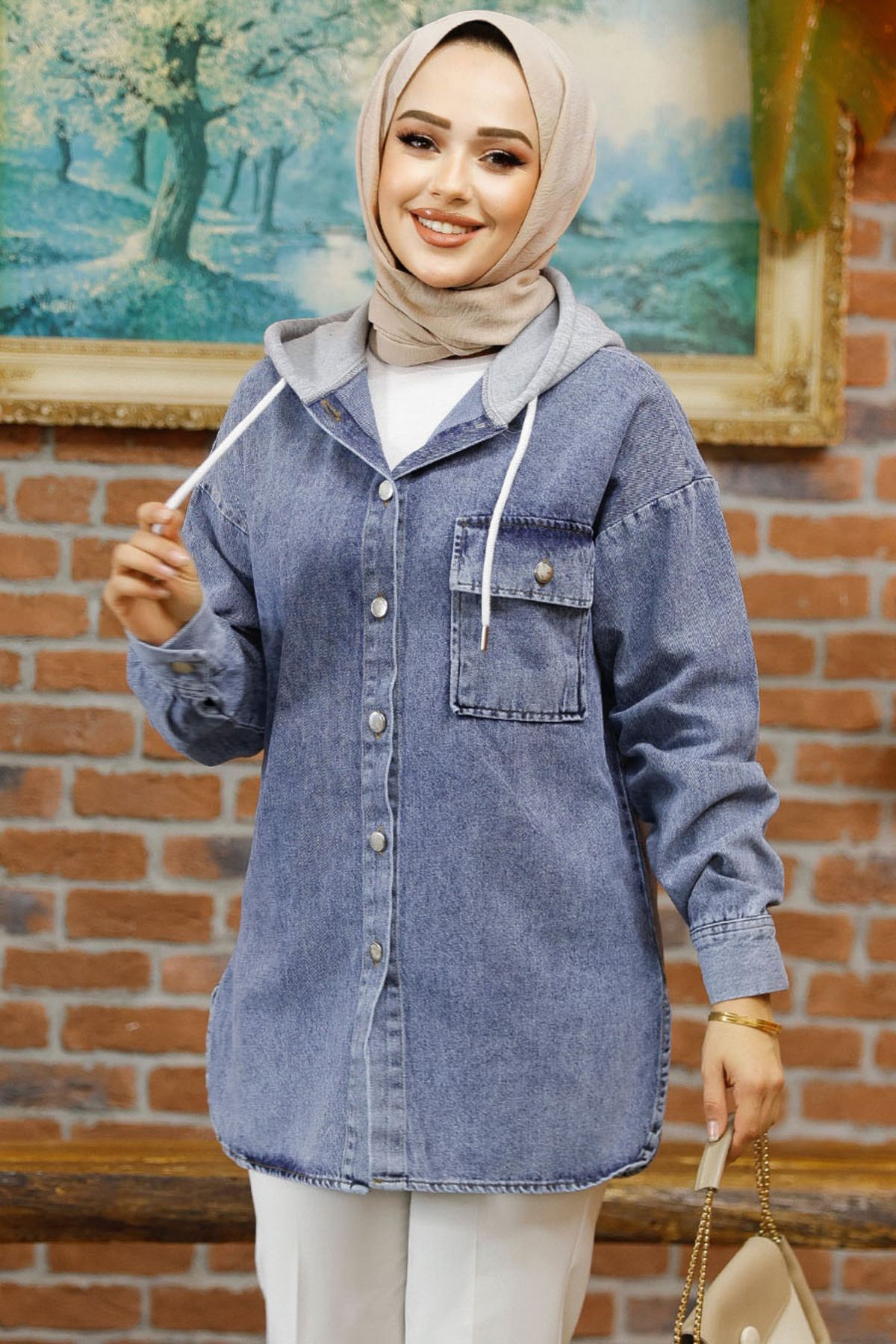 Neva Style-Buttoned Dark Blue Hijab Denim Shirt 30305Km 2