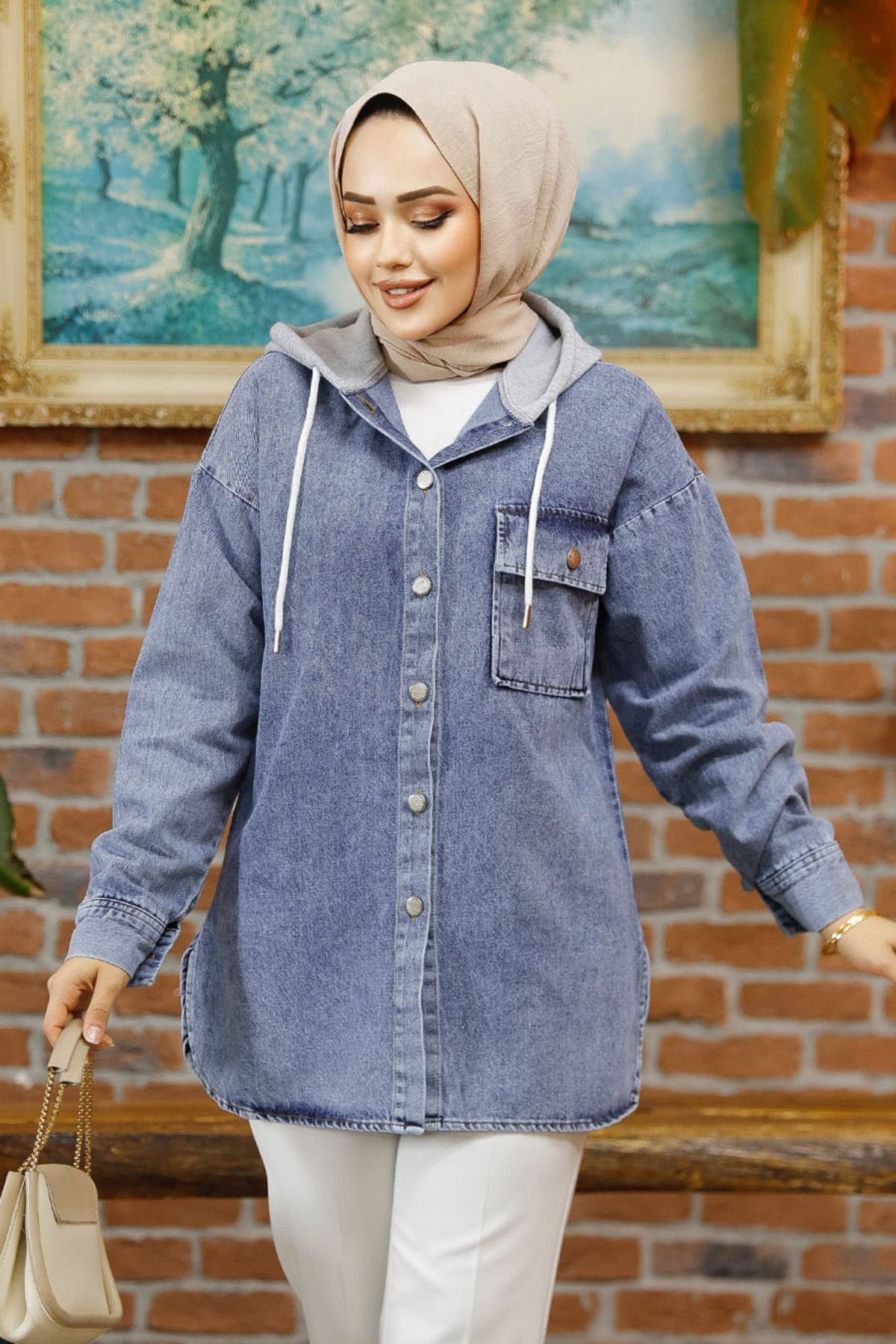 Neva Style-Buttoned Dark Blue Hijab Denim Shirt 30305Km 1