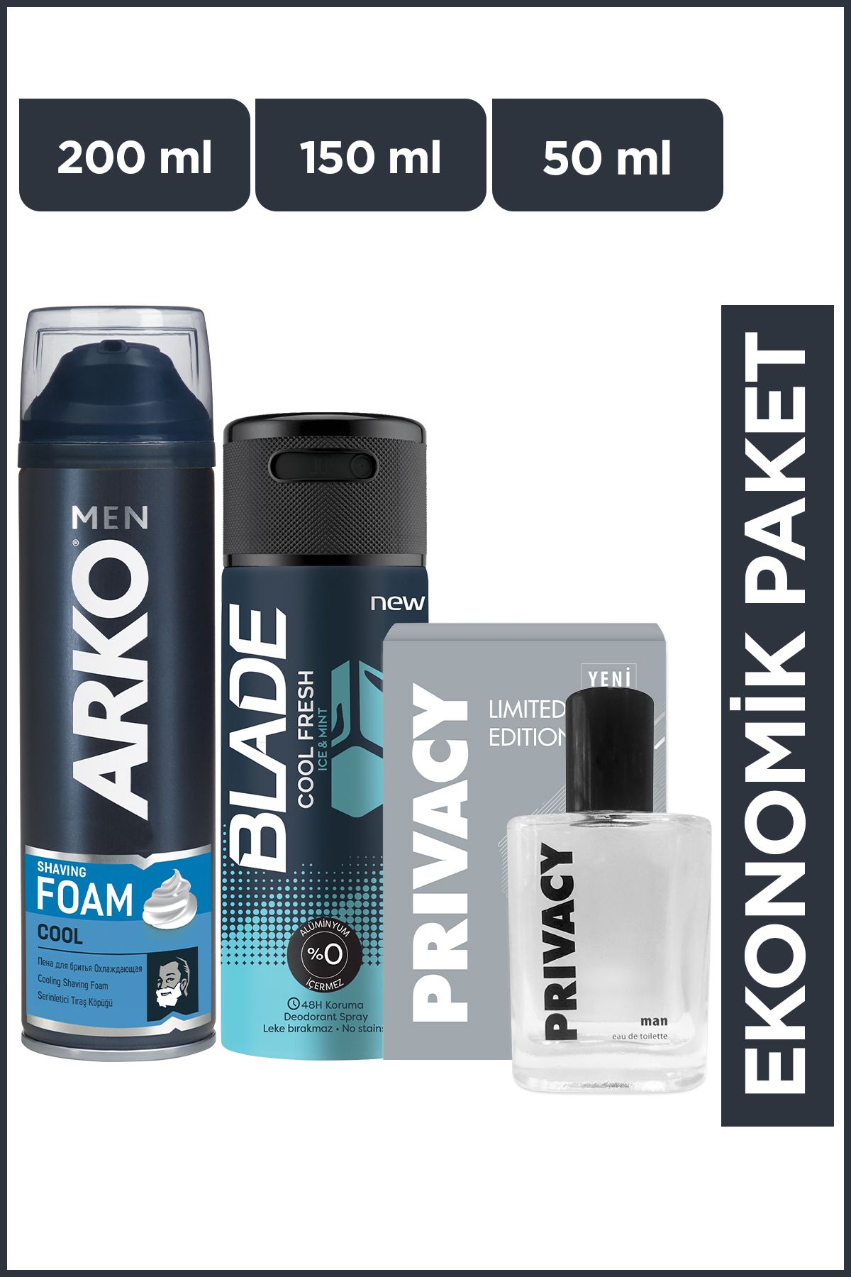 Arko Men Cool Tıraş Köpüğü+Privacy Men Limited Edition Edt Parfüm+Blade Cool Fresh Erkek Deodorant