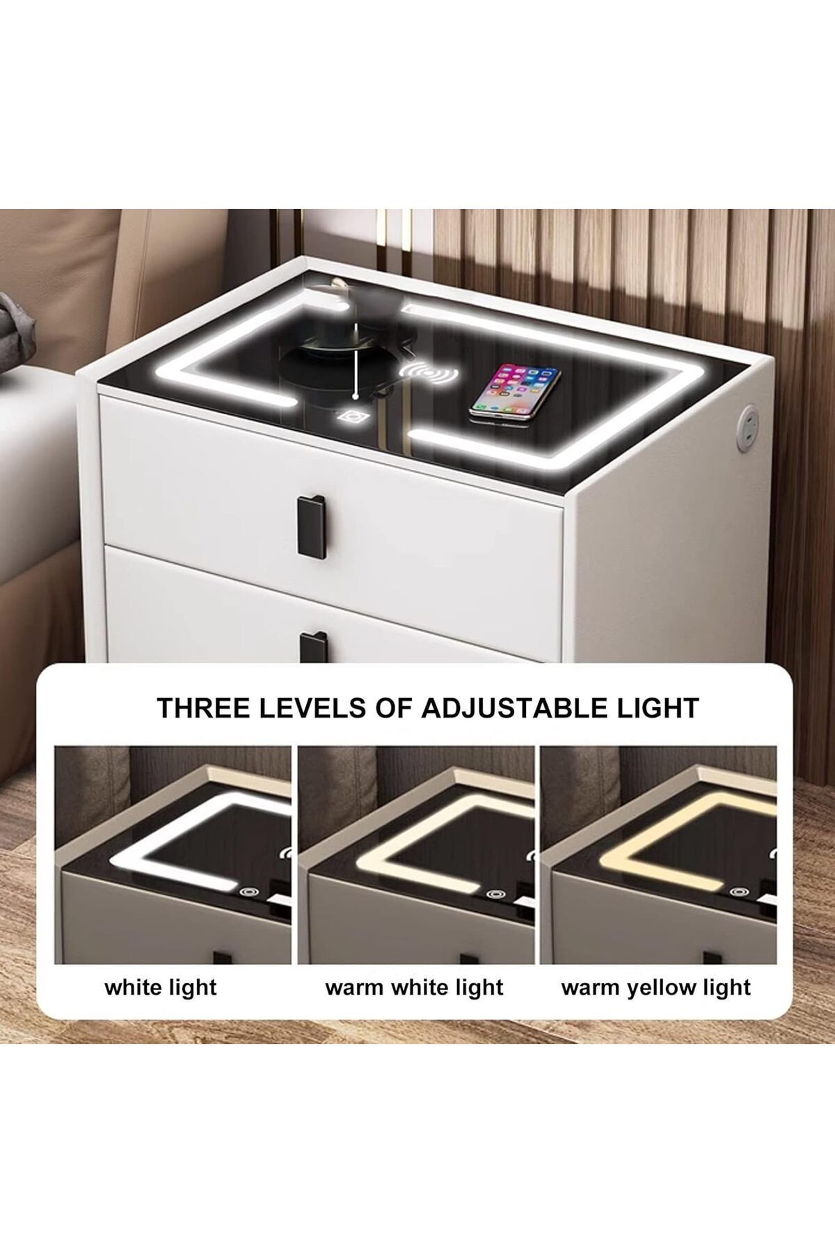 DubaiGallery-Smart Bedside Table with Wireless Charging Station, Speaker Fingerprint Lock, & Drawer Modern Table 4