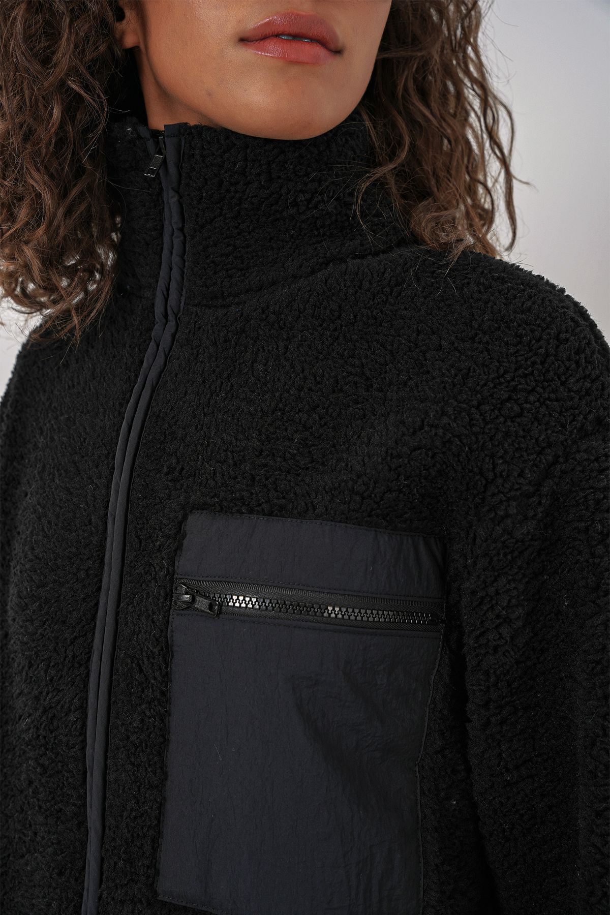 Bigdart-55455 Jachetă de pluș oversize cu fermoar pentru femei - neagră 5
