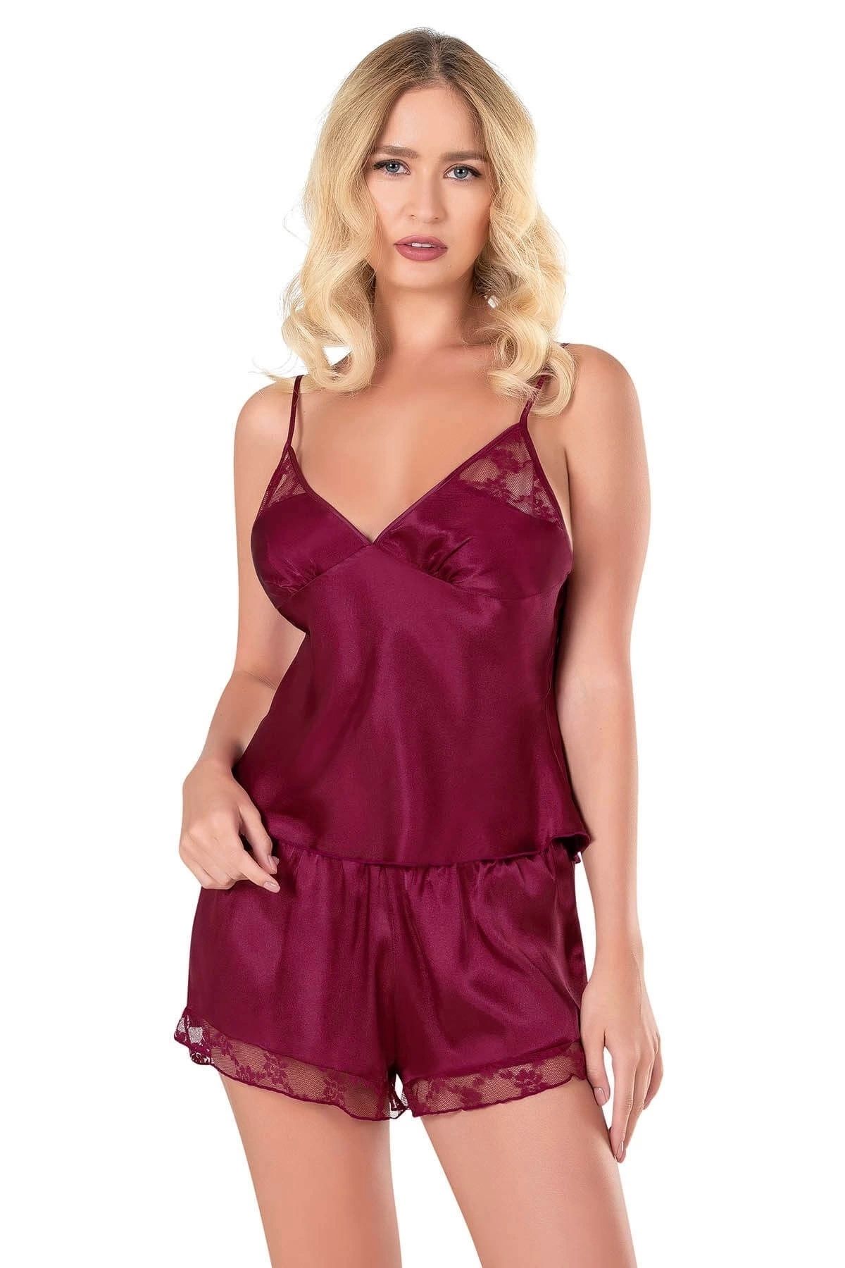 belle vista Beruflic  Bordo Saten Babydoll Şort Takımı