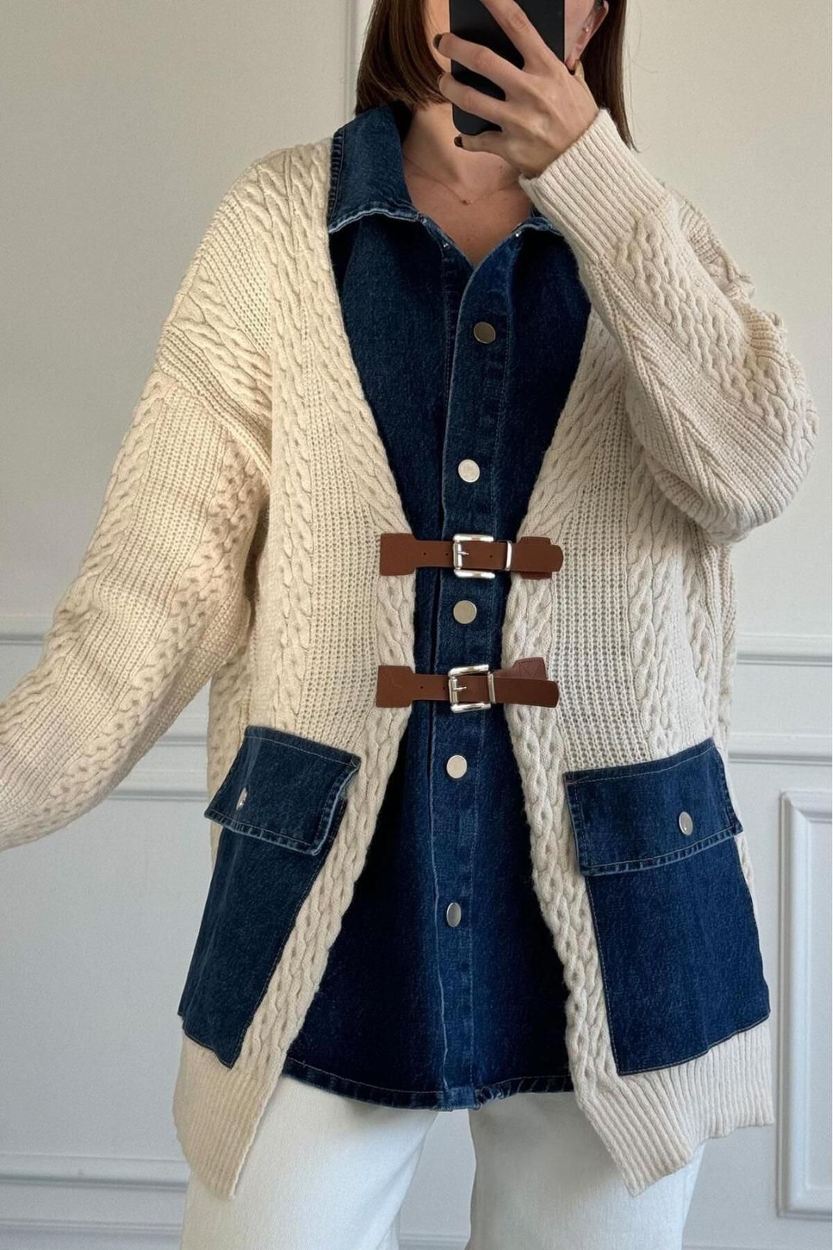 Brand City-Jean Detailed Front Belted Knitted Cardigan 2