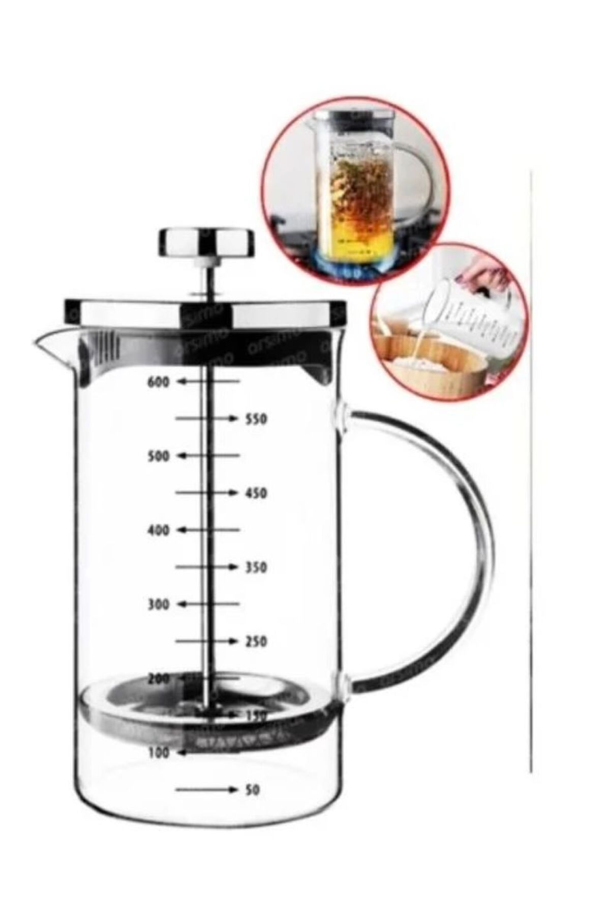 FRENCH PRESS Çelik Kapaklı Şık Tasarımlı 600 ml Cam French Press Kahve Demleme Makinesi