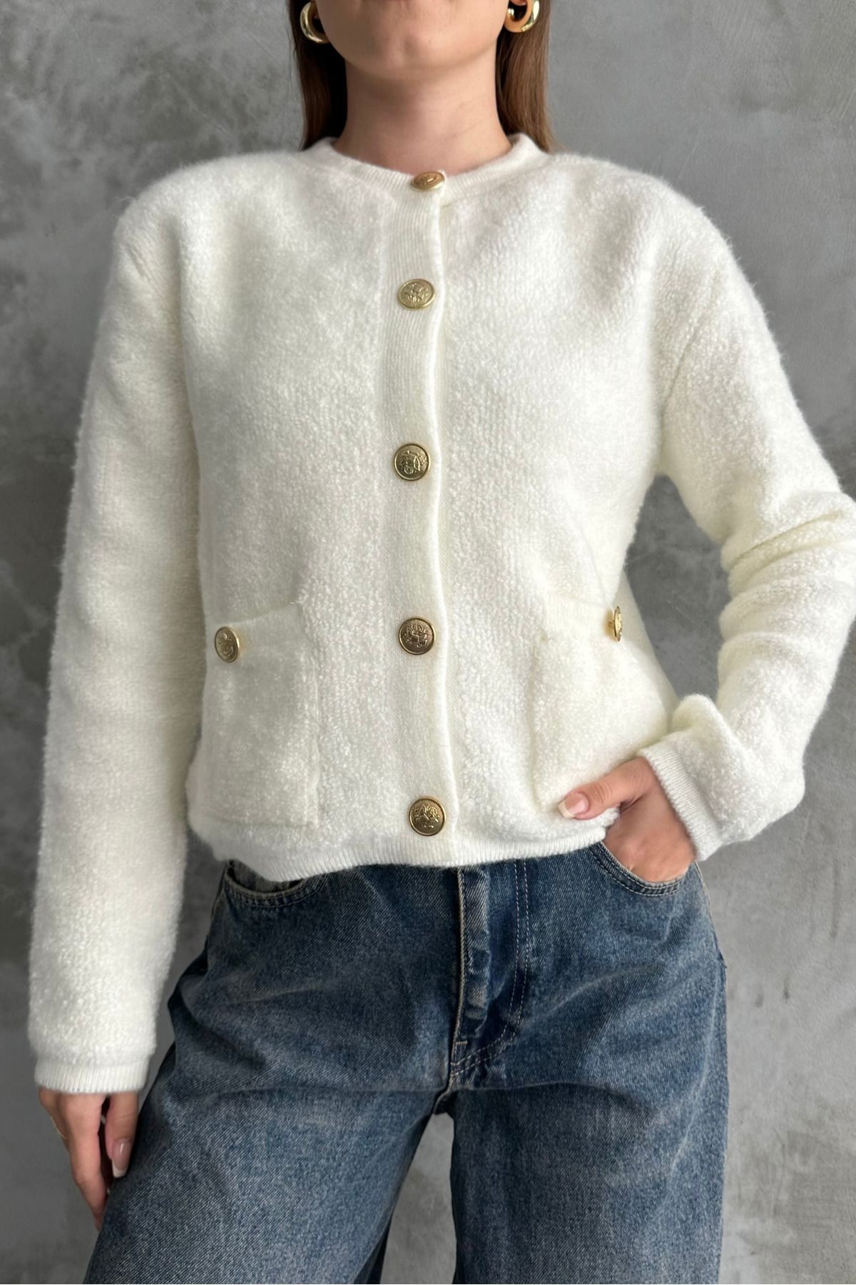 macharel jeans-Ecru Curl Knitted Buttoned Sweater Cardigan with Pockets 5