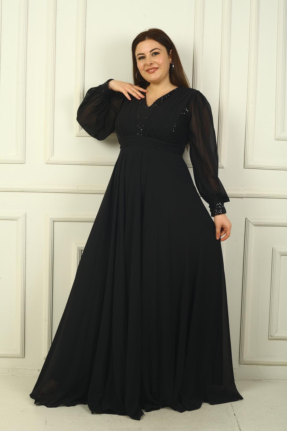 By Saygı-Dámské dlouhé šifonové večerní šaty s předním zadním výstřihem a výstřihem do V s podšívkou Plus Size 3
