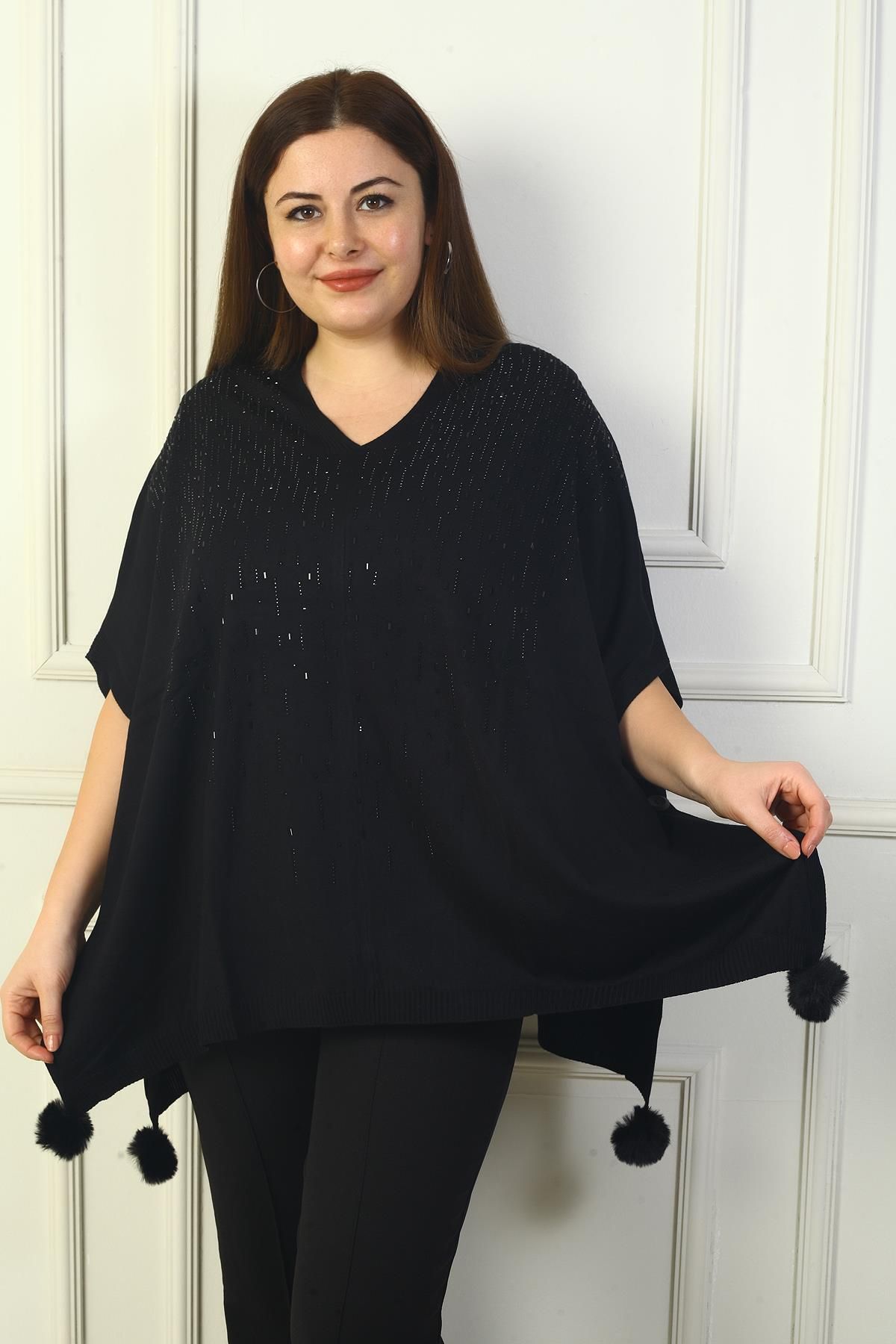 By Saygı-Women's V-Neck Side Button Detailed Vertical Stone Embroidered Pompom Plus Size Poncho 2