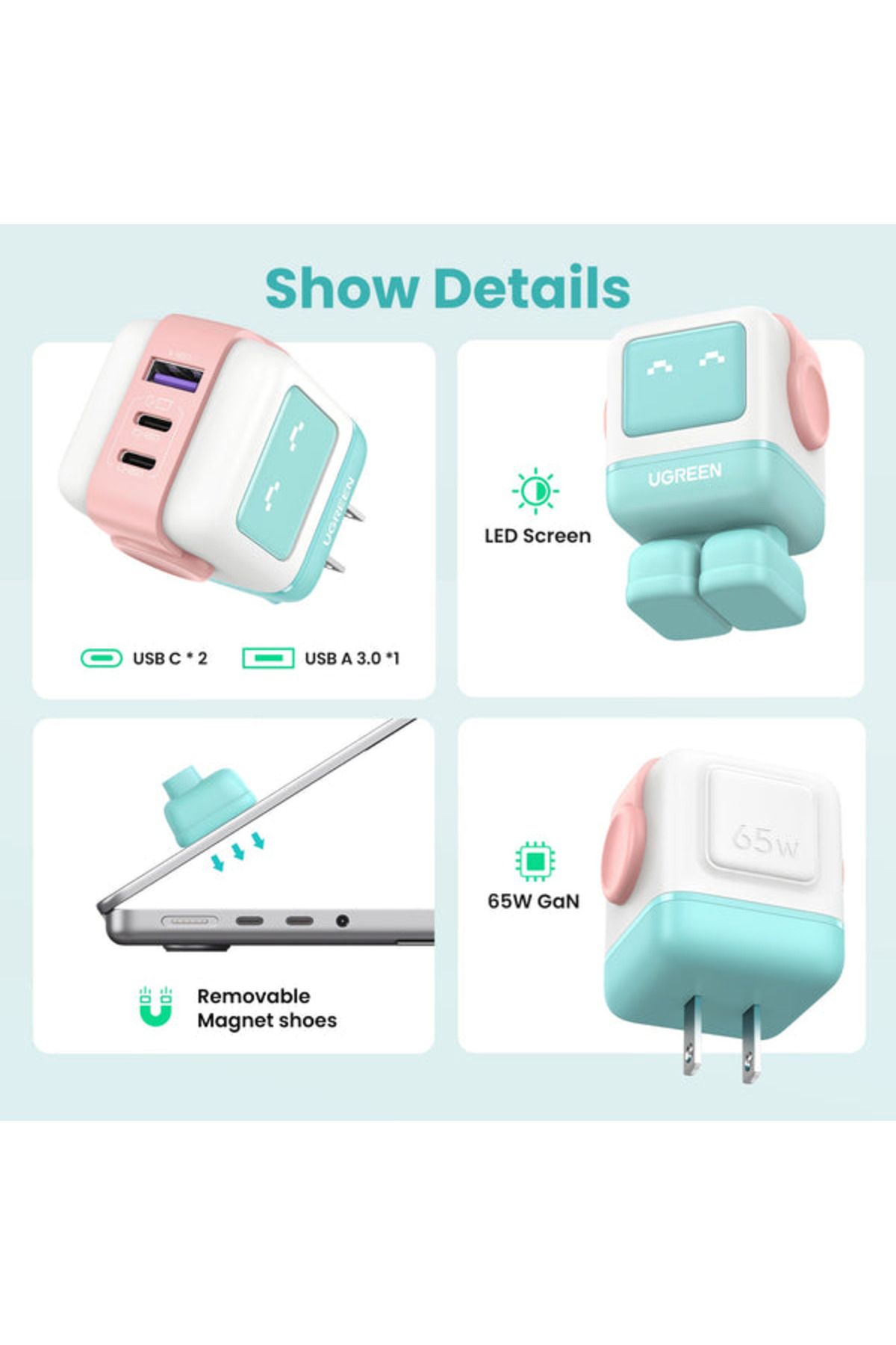 Ugreen-Nexode GaN Robot Wall Charge 2 USB-C Port and USB Port 65W - Pink Blue 7