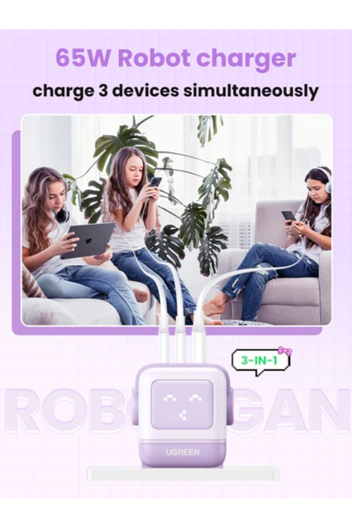 Ugreen-Nexode GaN Robot Wall Charge 2 USB-C Port and USB Port 65W - Purple 5