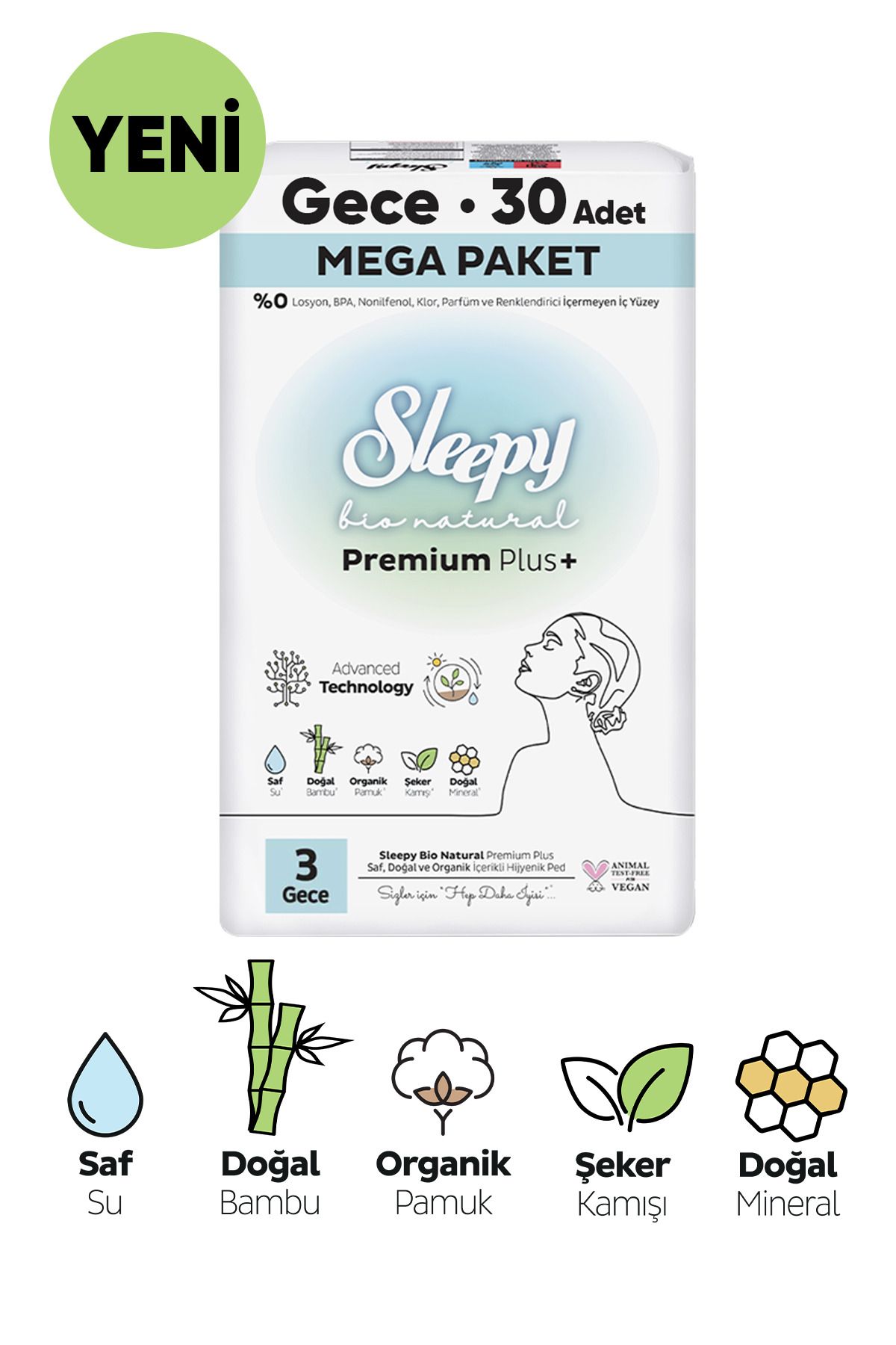 Sleepy Natural Premium Plus Hijyenik Ped Mega Paket 30'lu 3 Numara Gece