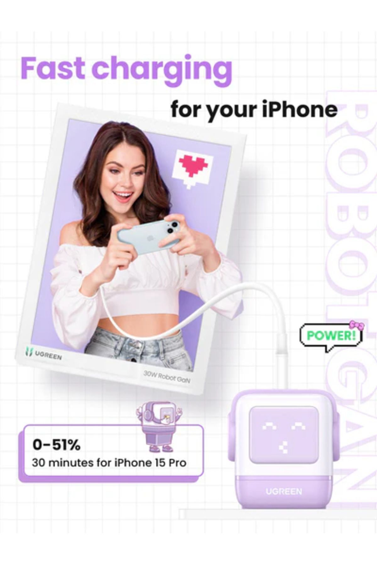 Ugreen-Nexode GaN Robot Wall Charge 2 USB-C Port and USB Port 65W - Purple 3