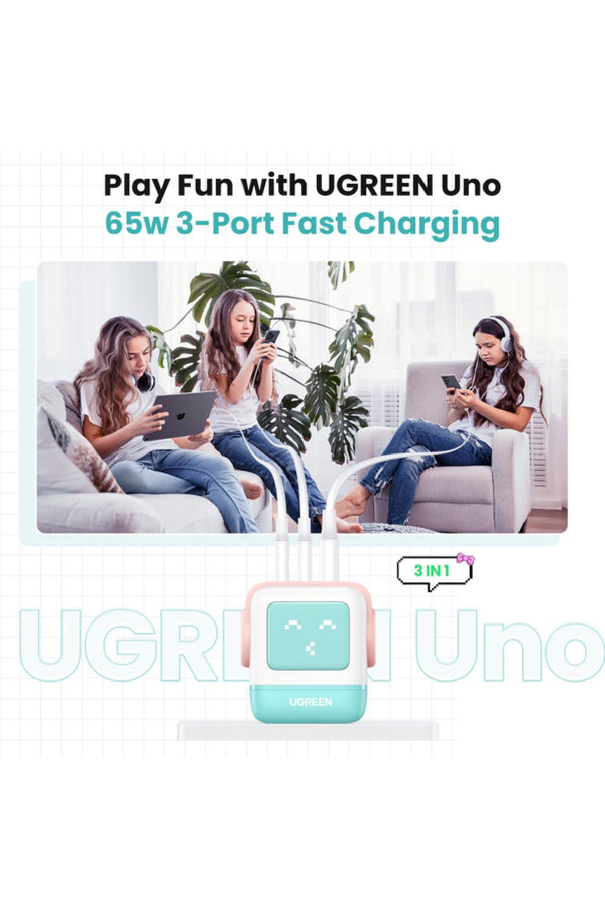 Ugreen-Nexode GaN Robot Wall Charge 2 USB-C Port and USB Port 65W - Pink Blue 6