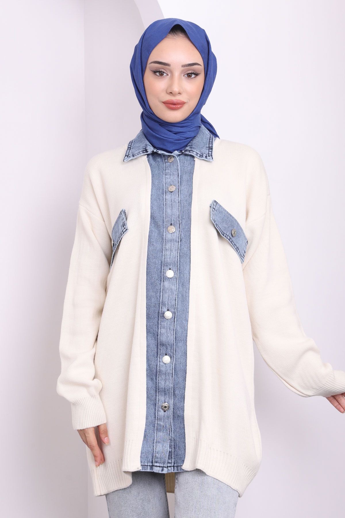 İmajButik-Ecru Denim Detailed Buttoned Knitwear Cardigan 2