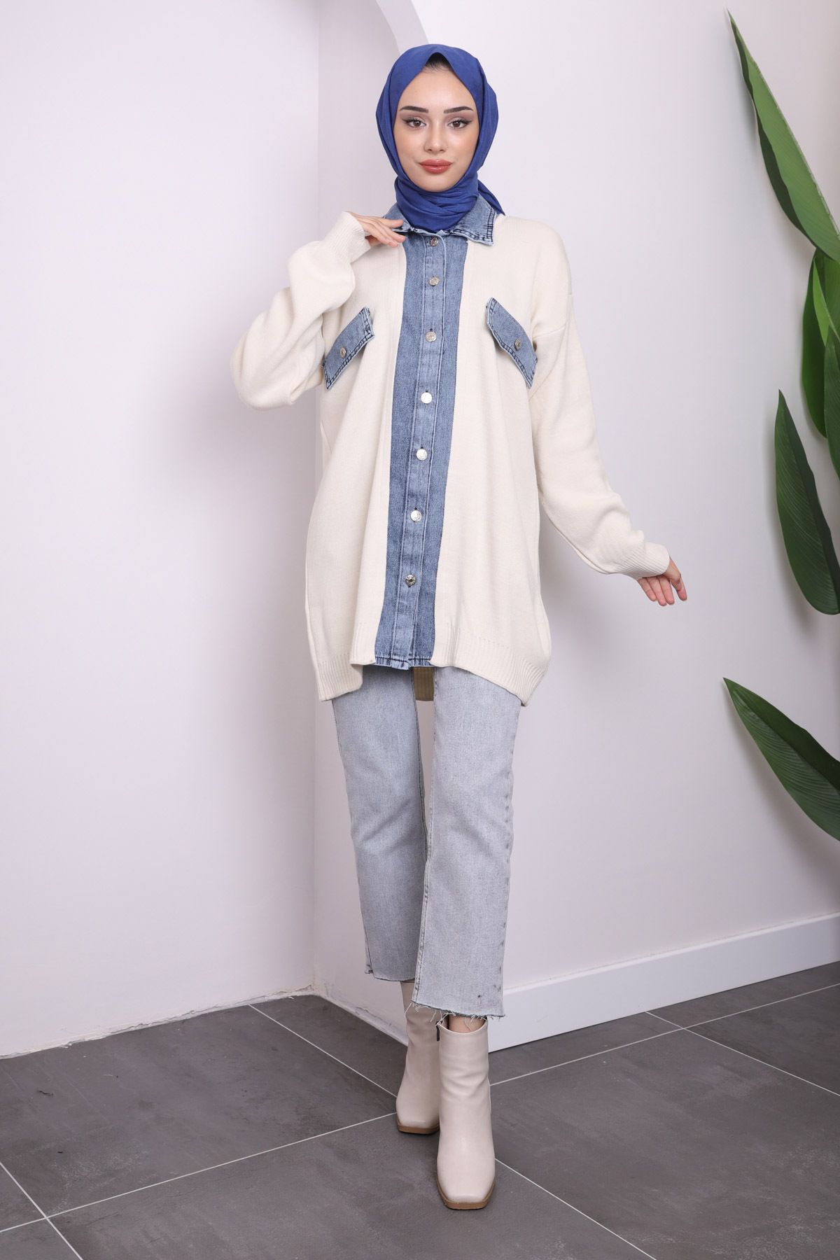 İmajButik-Ecru Denim Detailed Buttoned Knitwear Cardigan 4