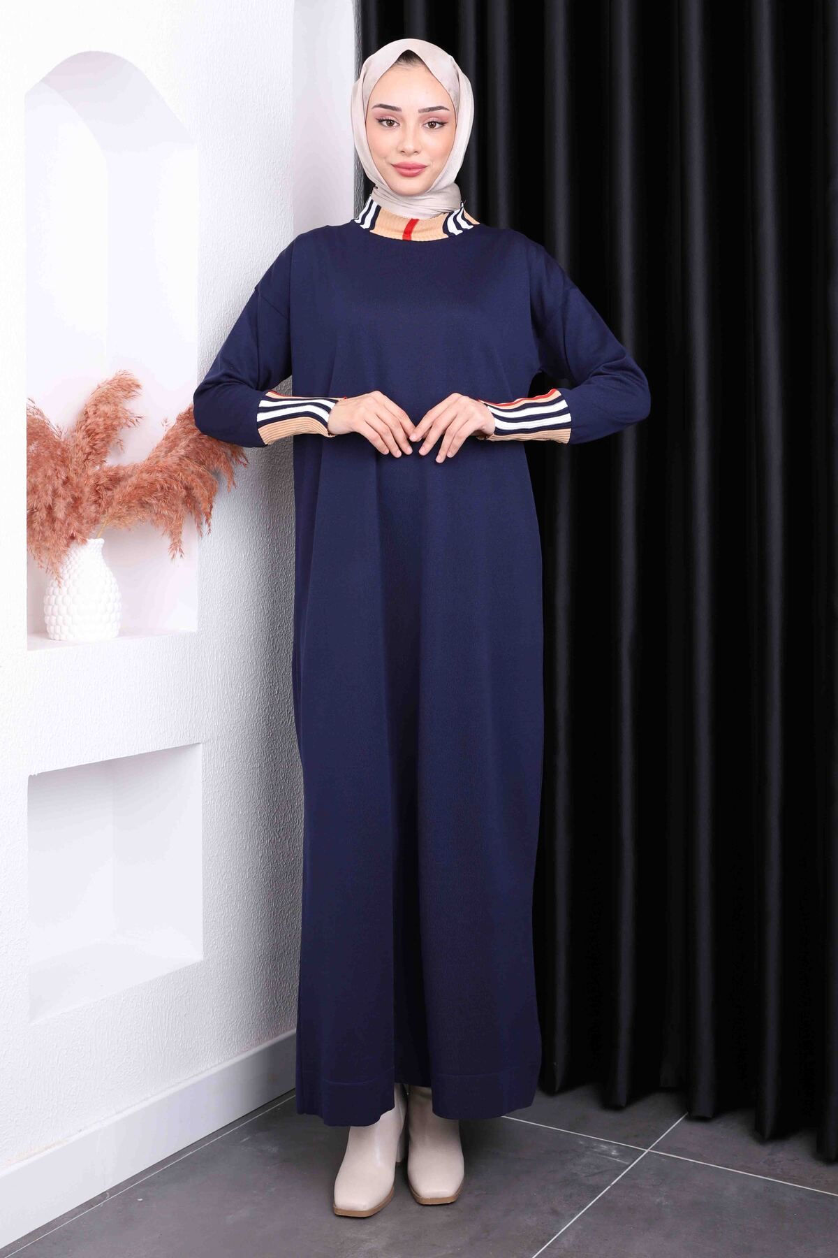 İmajButik-Navy Blue Stand Collar Mercerized Knitwear Dress 1