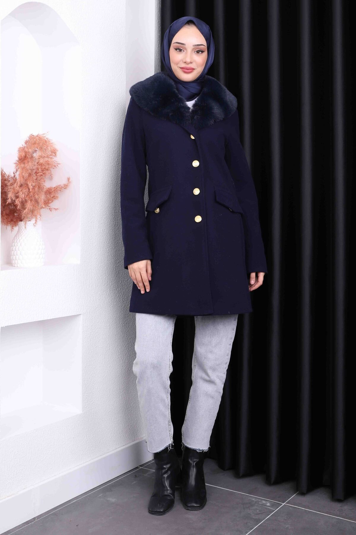 İmajButik-Navy Blue Collar Sheepskin Short Cashmere Coat 2