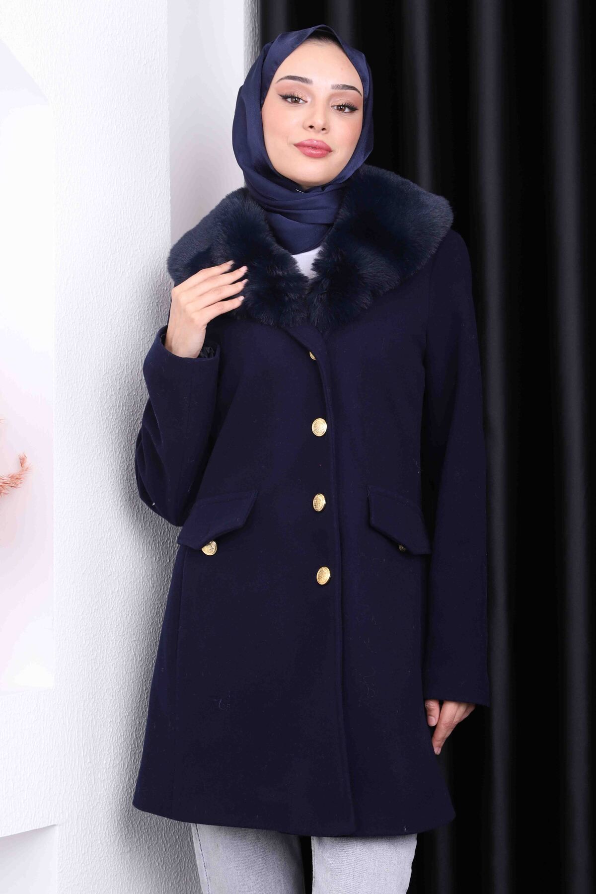 İmajButik-Navy Blue Collar Sheepskin Short Cashmere Coat 1