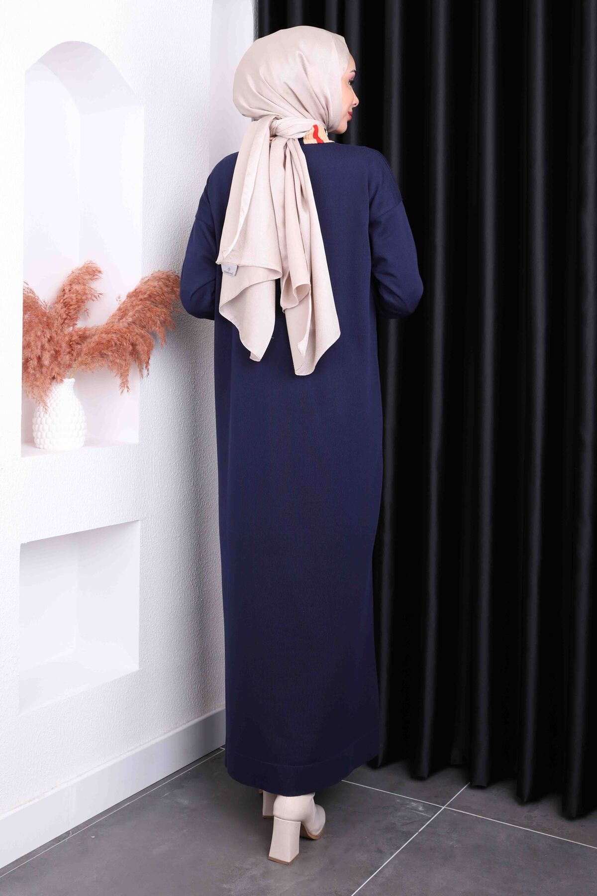 İmajButik-Navy Blue Stand Collar Mercerized Knitwear Dress 4