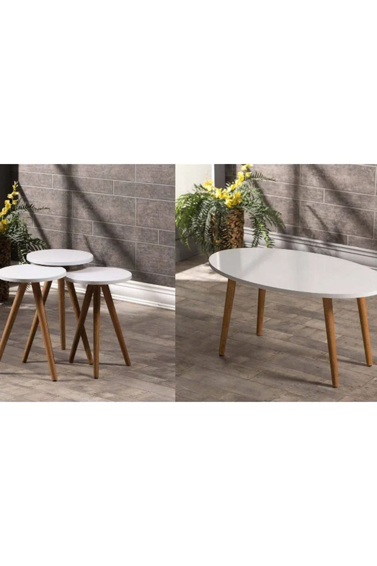 pazarella Zigon Sehpa Ve Orta Sehpa Set Ahşap Torna Elips Beyaz