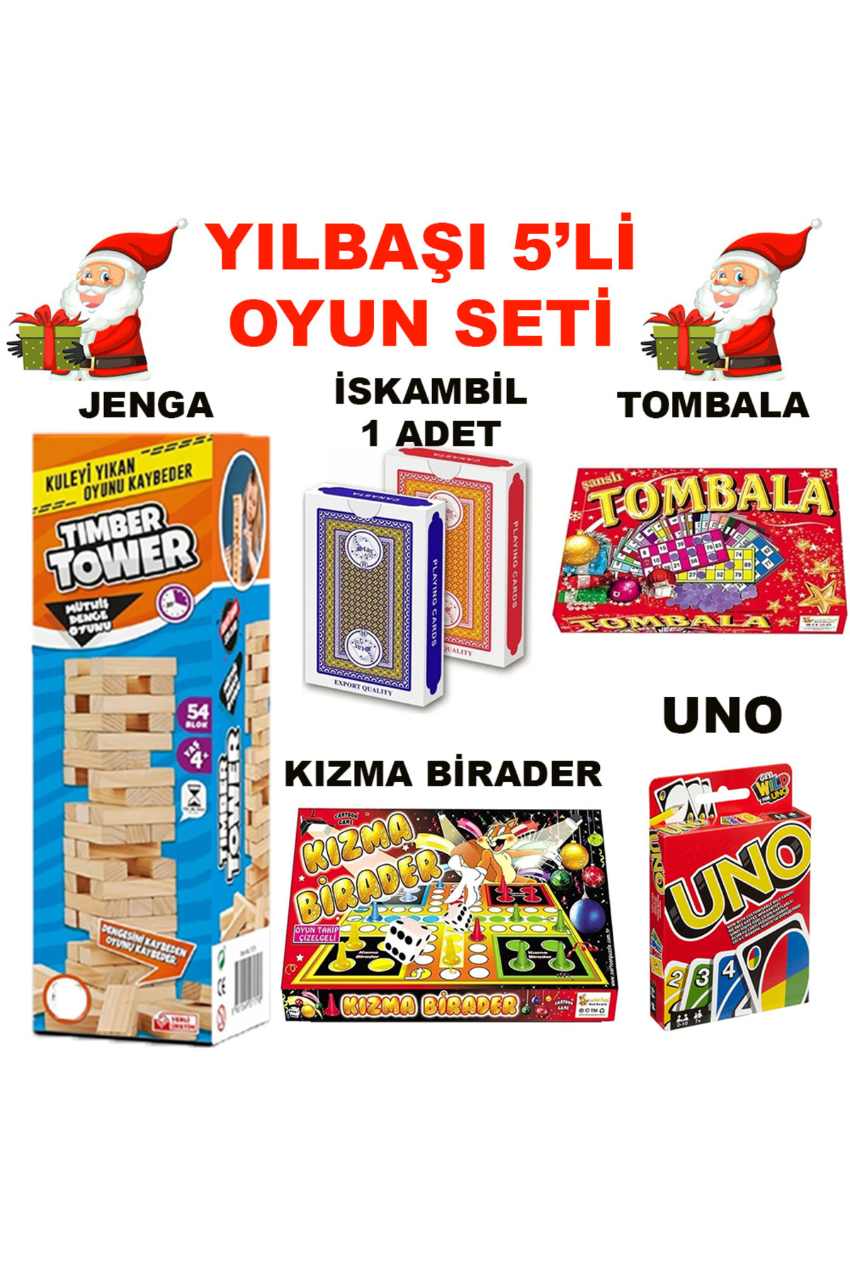 OYUNKAFASI YILBAŞI 5'Lİ OYUN SETİ ( TOMBALA-KIZMA BİRADER-OYUN KARTI-JENGA-İSKAMBİL)