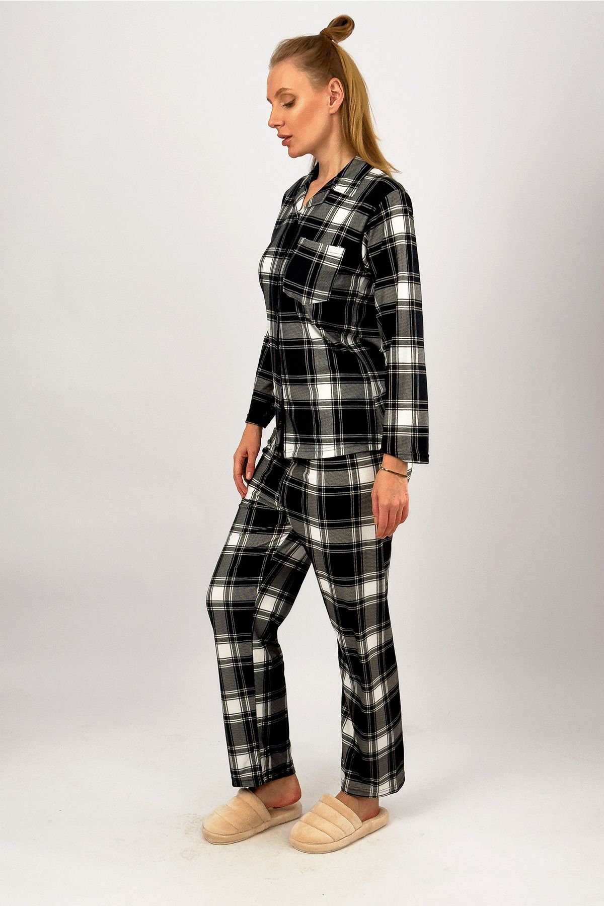 Betimoda-Winter Velvet Suede Pajamas Set - Black Square Warm Elastic Waist with Front Buttons and Pockets 5