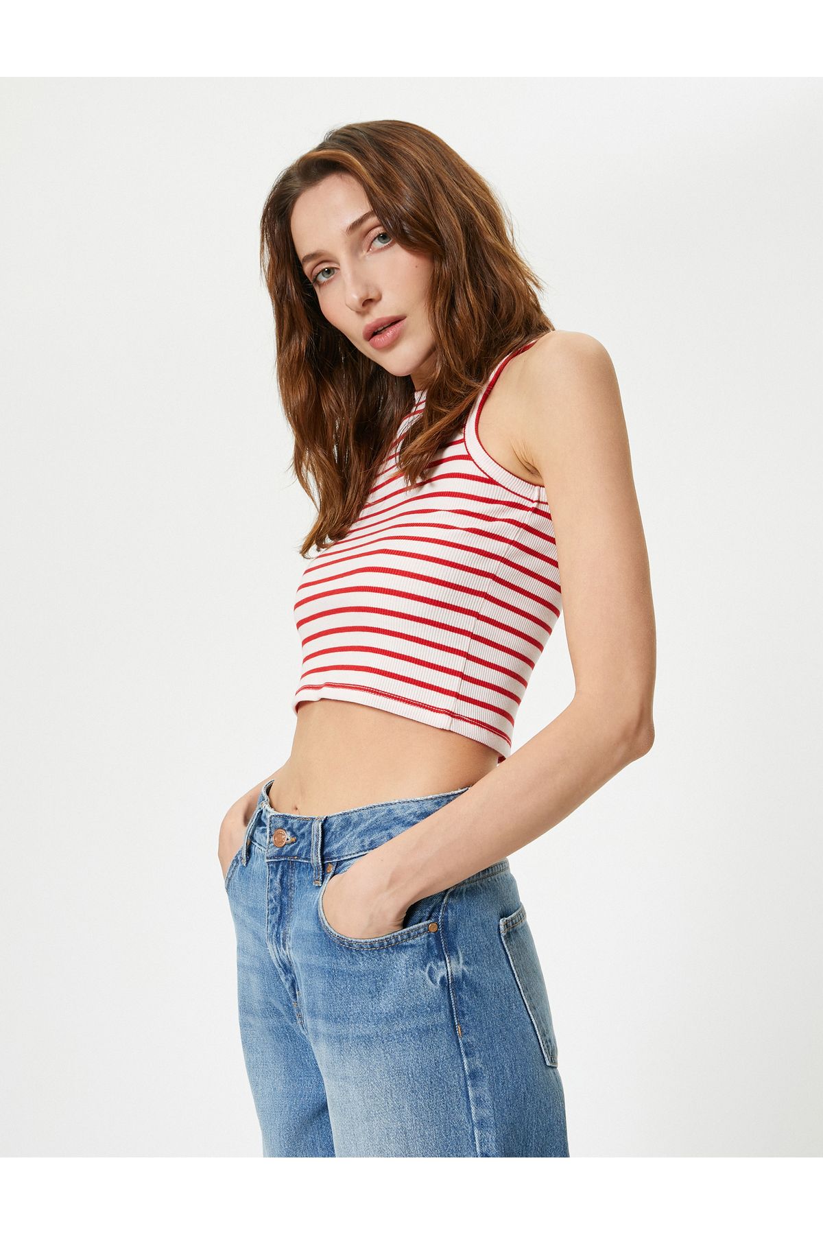 Koton Prążkowany, Wiązany Na Szyi Top Typu Crop Tank Kobieta - XS