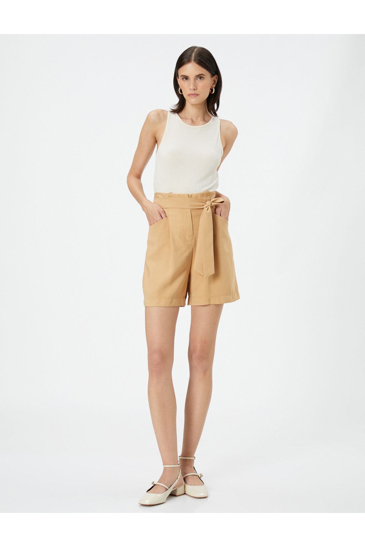 Koton-Silky Textured Shorts with Belt and Pockets 2