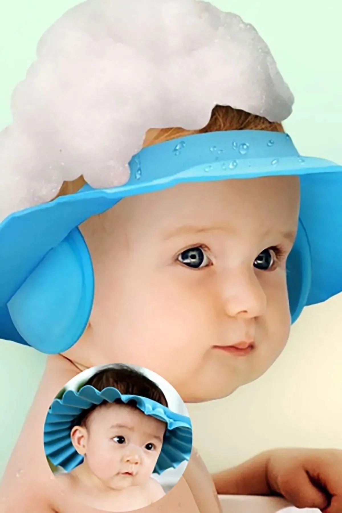 Hombak Bebek Banyo Şapkası Duş Başlığı Ayarlanabilir Düğmeli Çocuk Küvet Göze Su Kaçırmayan Mavi Şapka fotoğrafı 3 (önizleme)
