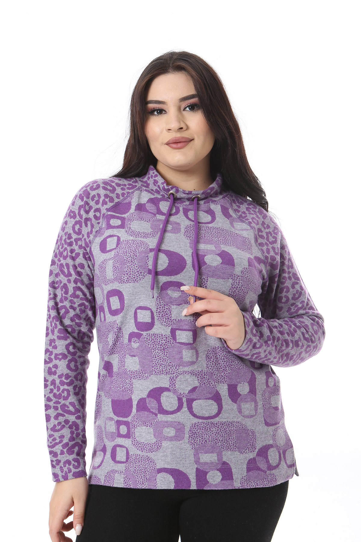 Women's Plus Size Purple Collar Eyelet Lace-up Detailed Raglan Sleeve Sweatshirt 65N38517