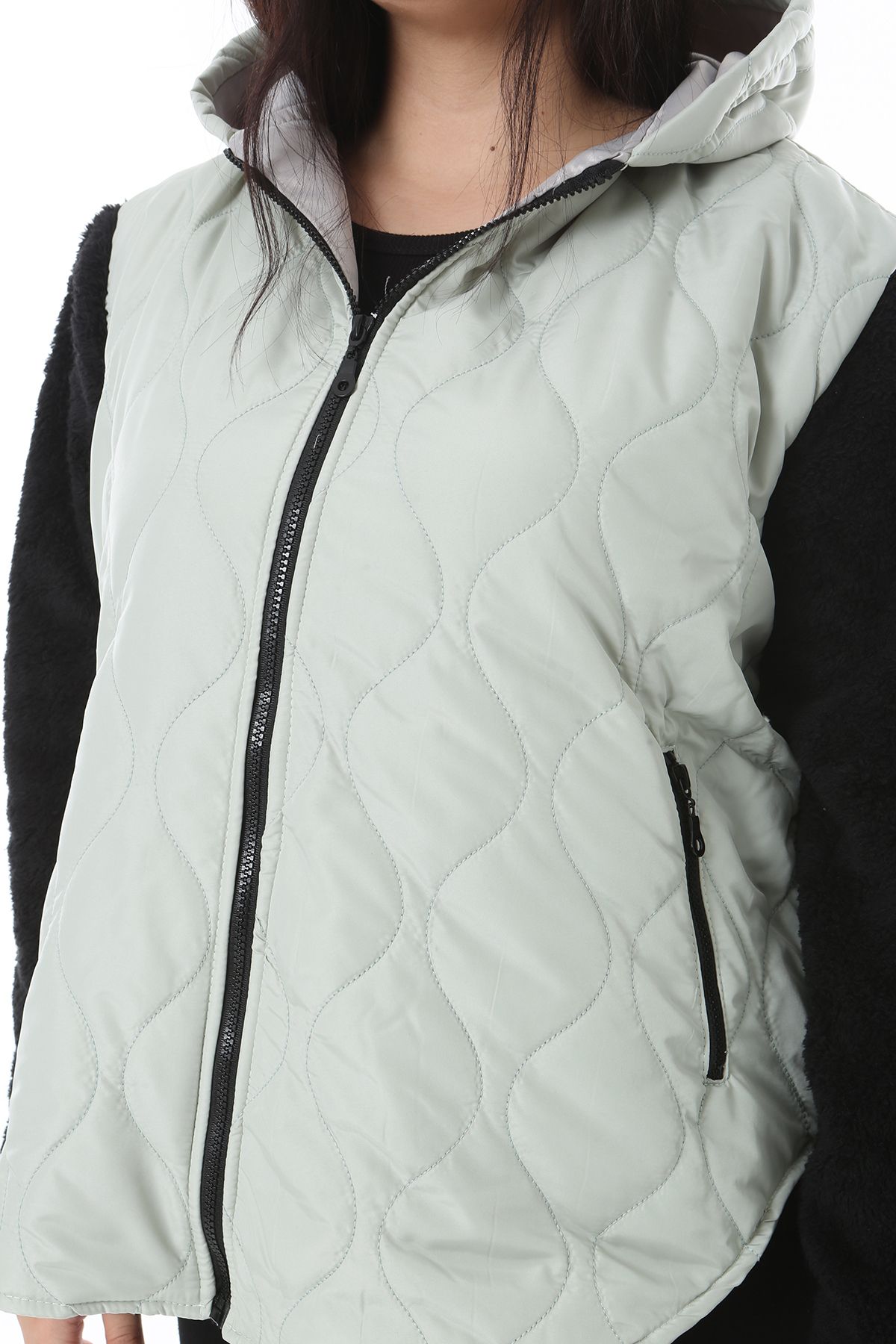 Şans-Women's Plus Size Gray Zipper and Hooded Sleeves Plush Coat 65N38494 6