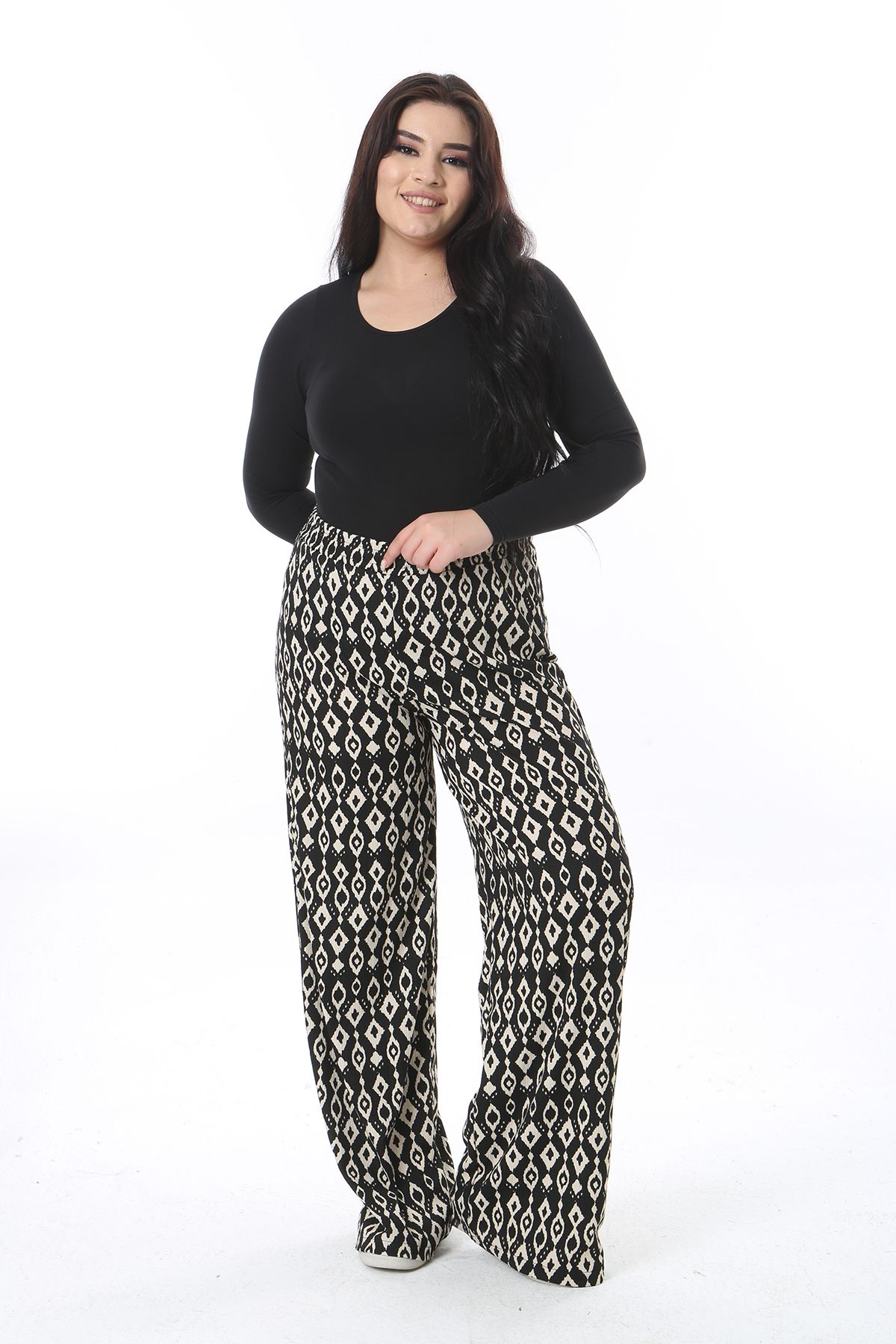 Şans-Women's Plus Size Black Elastic Waist Patterned Pants 65N38554 1