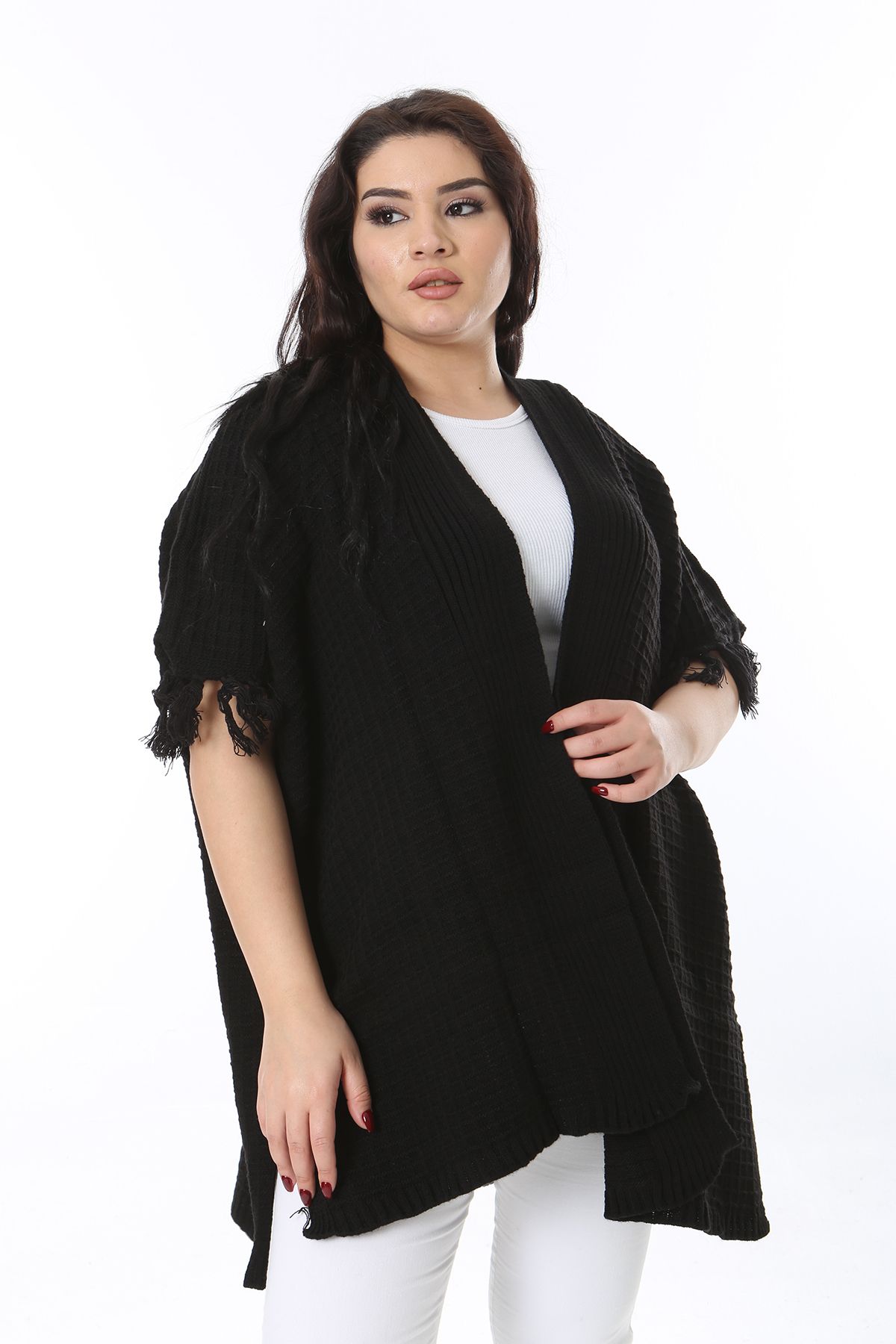 Şans-Poncho pentru femei, negru, cu croiala relaxată, cu mâneci, cu ciucuri 65N38568 6