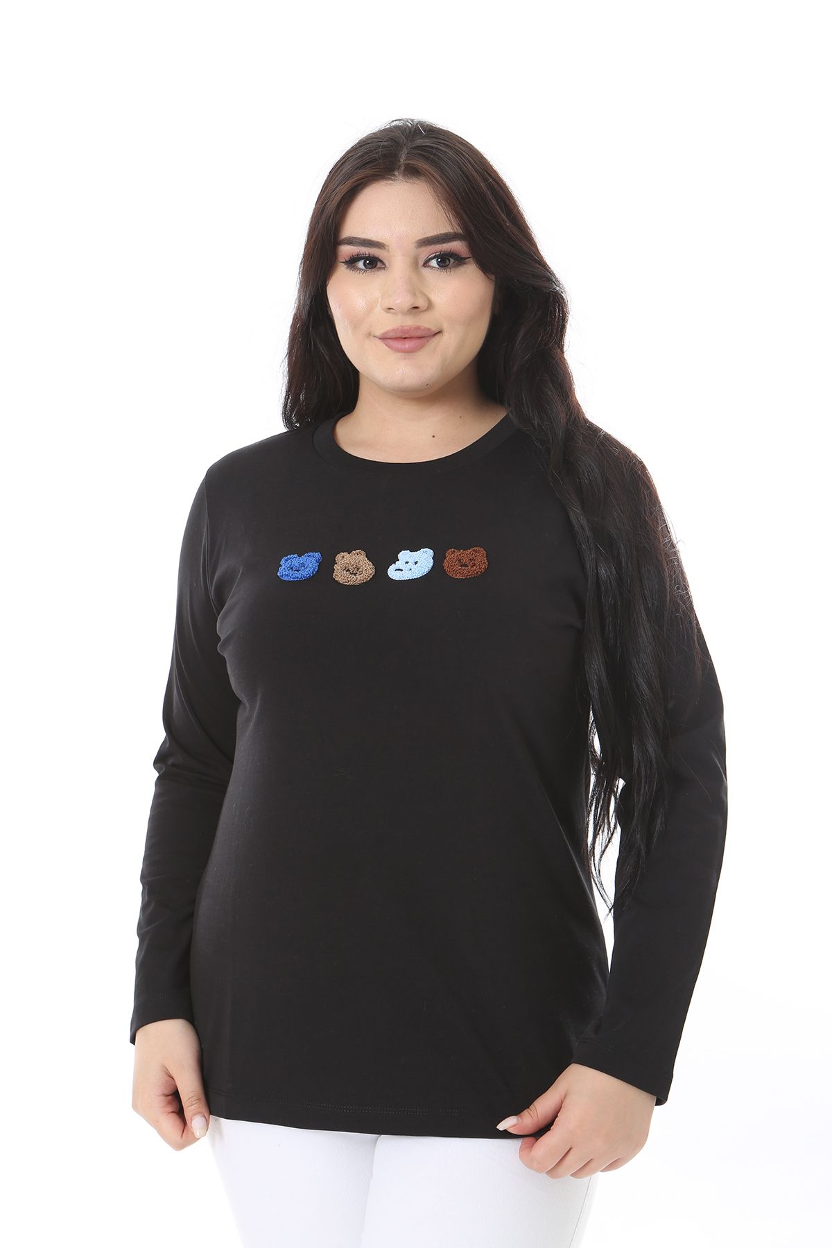 Şans-Women's Plus Size Black Embroidery Detail Sweatshirt 65N38630 1