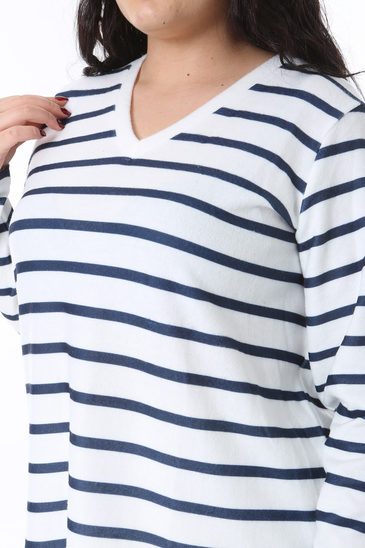 Şans-Women's Plus Size Bone V-Neckline Stripe Tunic 65N38570 6