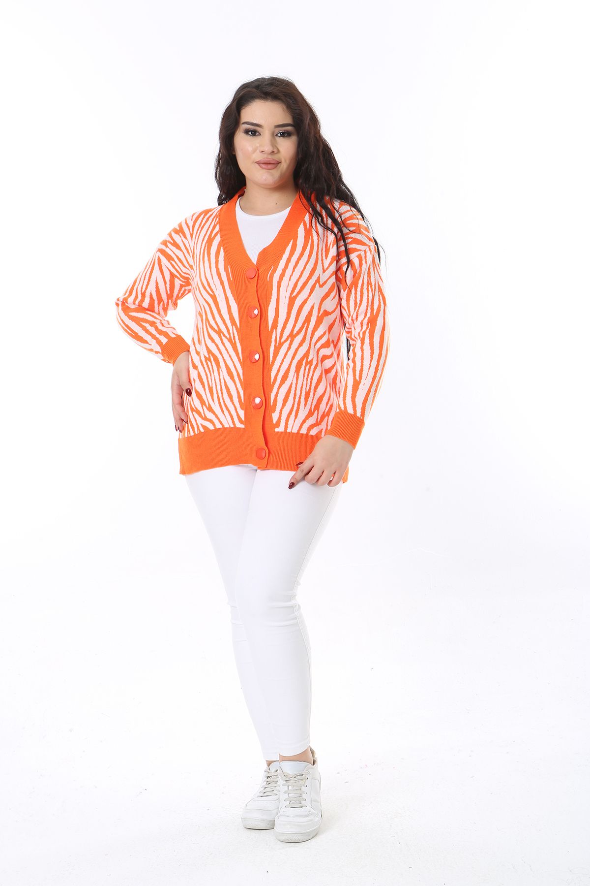 Şans-Women's Plus Size Orange Front Button Knitwear Cardigan 65N38566 5