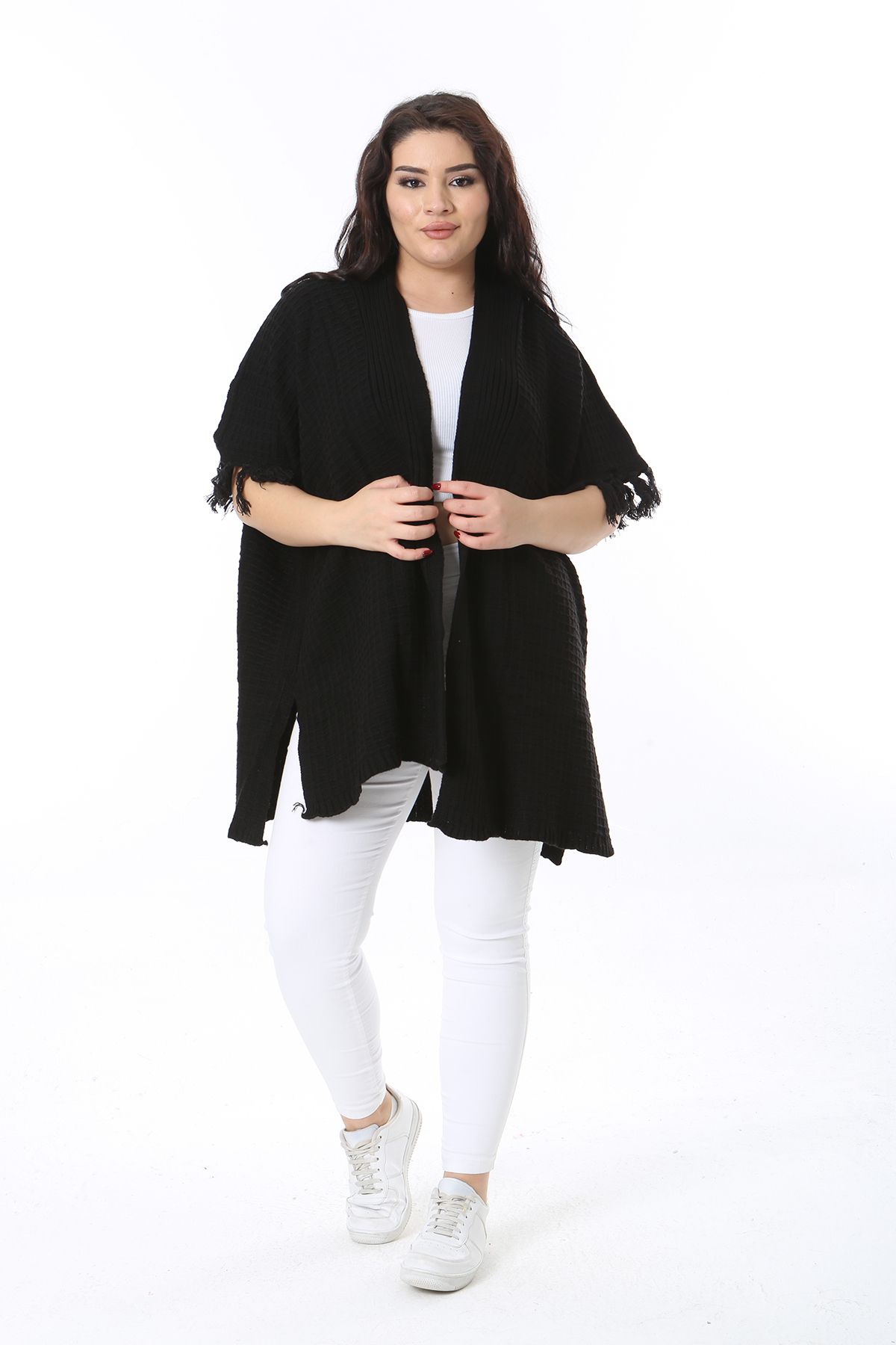 Şans-Poncho pentru femei, negru, cu croiala relaxată, cu mâneci, cu ciucuri 65N38568 1