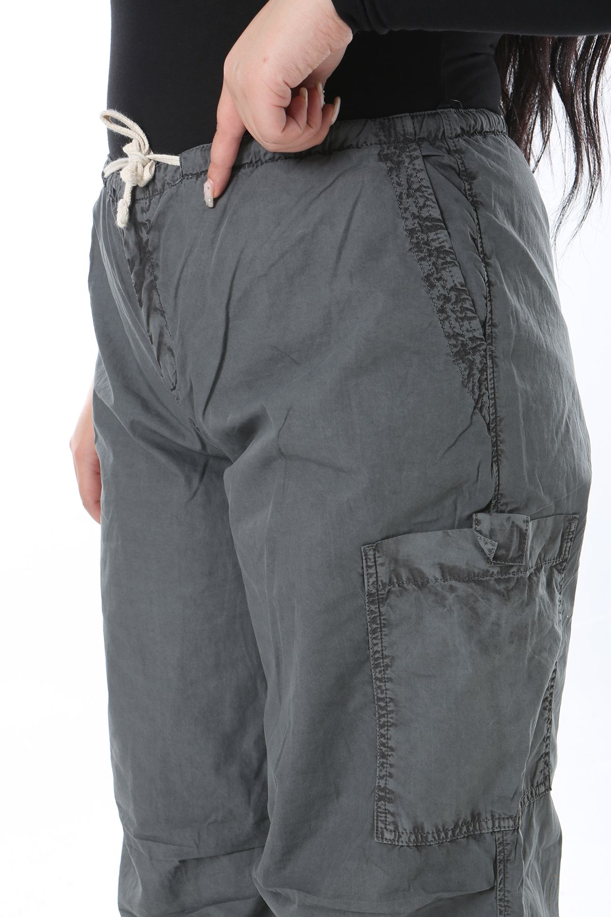 Şans-Women's Plus Size Gray Cargo Pocket Waist Lace-Up Sports Pants 65N38551 7