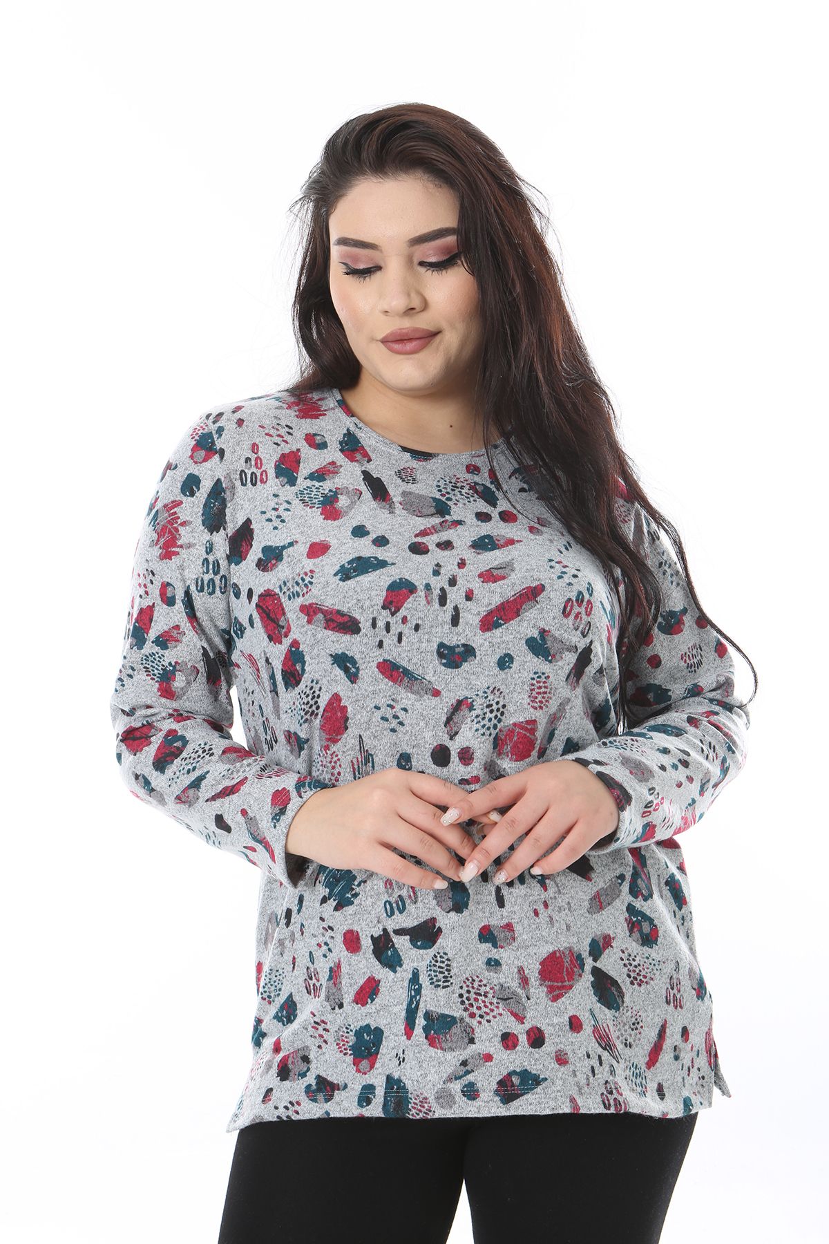 Şans-Women's Plus Size Gray Crew Neck Long Sleeve Print Blouse 65N38635 3