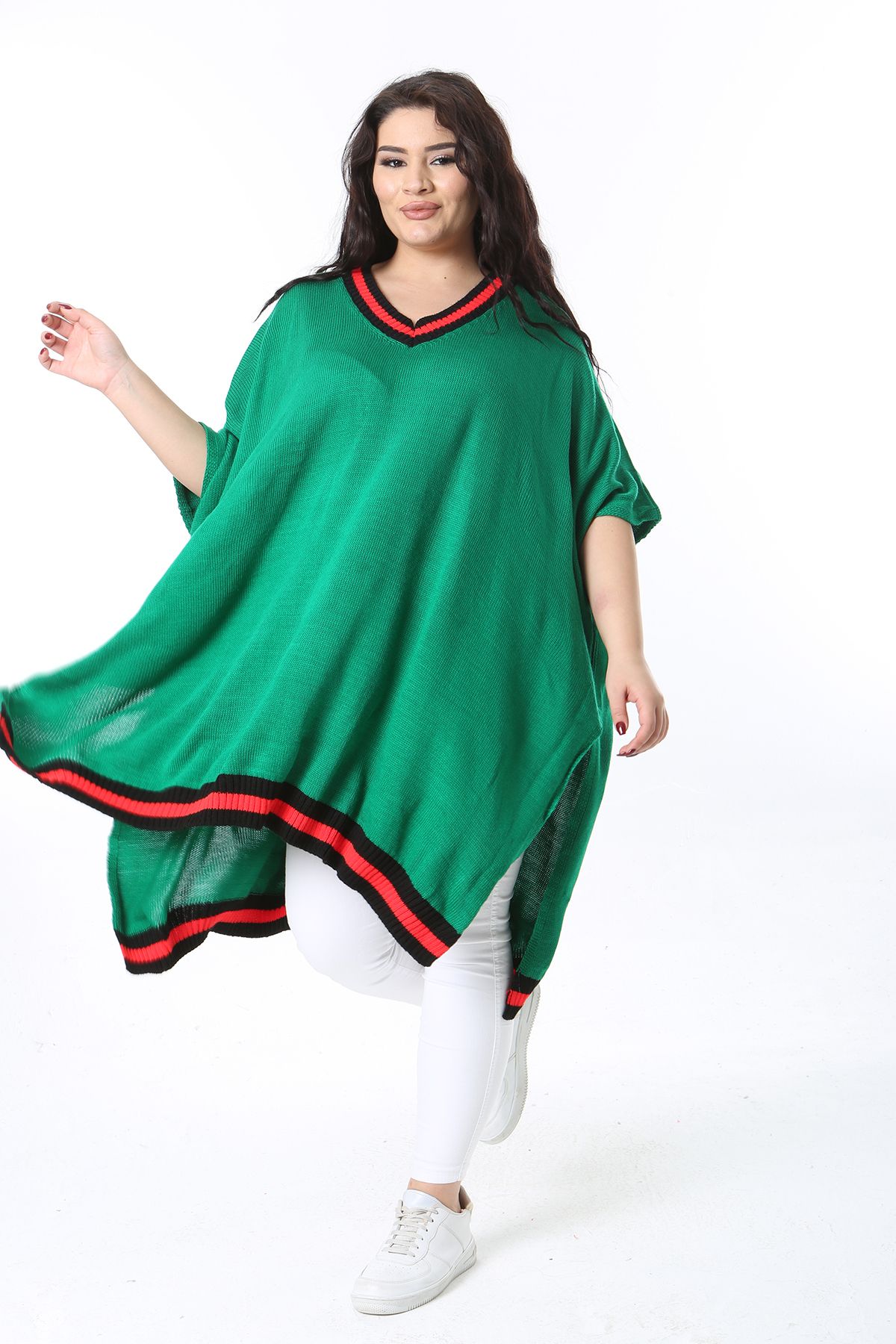 Şans-Women's Plus Size Green V-Neck Knitwear Poncho 65N38571 1