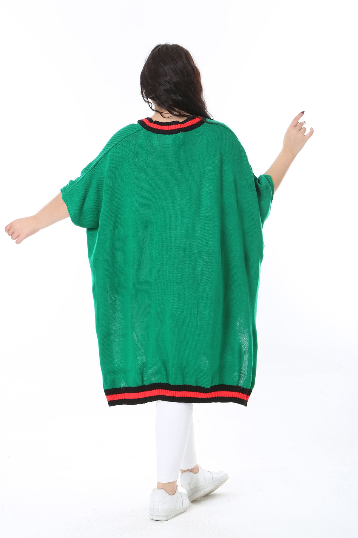 Şans-Women's Plus Size Green V-Neck Knitwear Poncho 65N38571 4