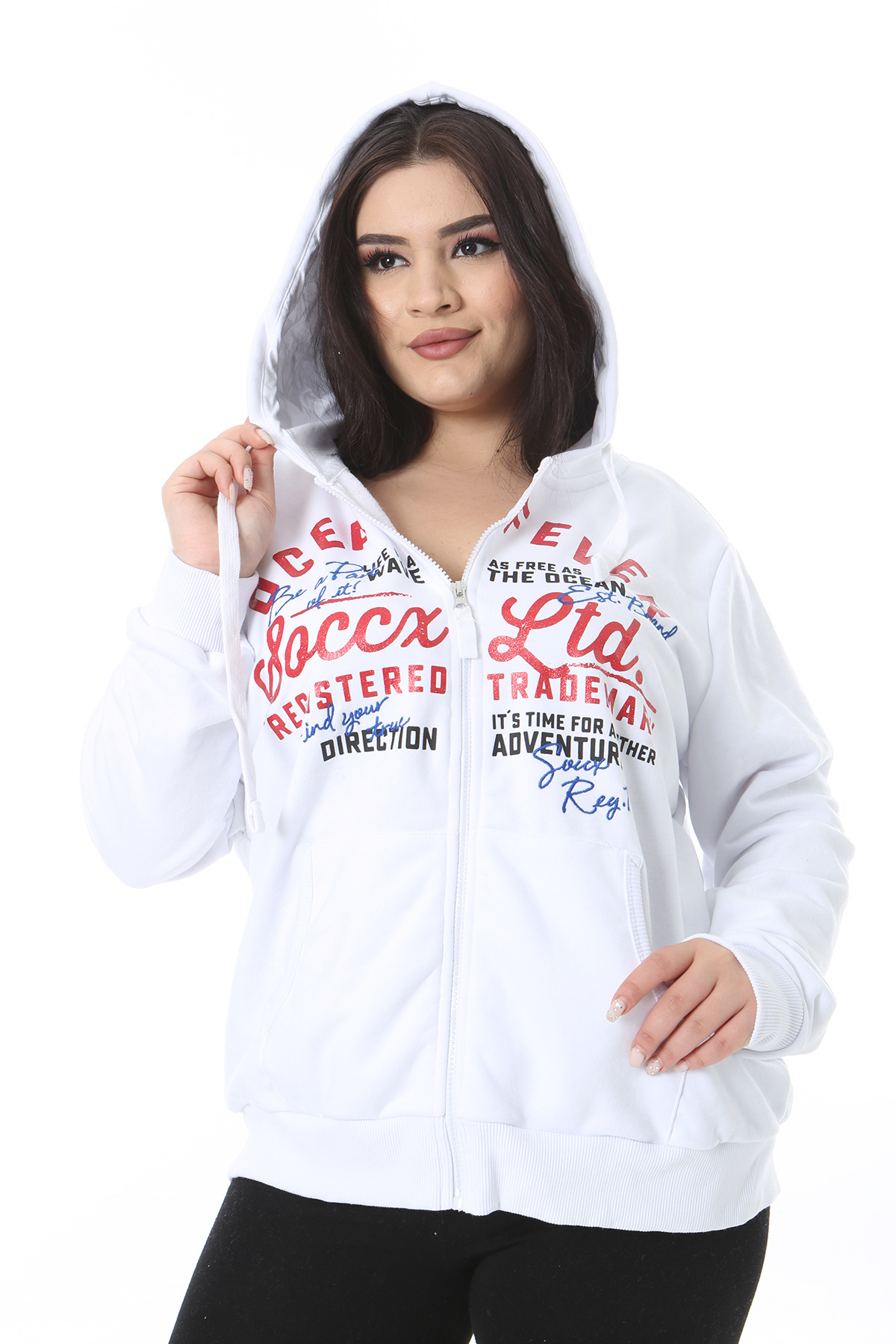 Şans-Women's Plus Size White Front Zip and Printed Hooded Sweatshirt 65N38622 7