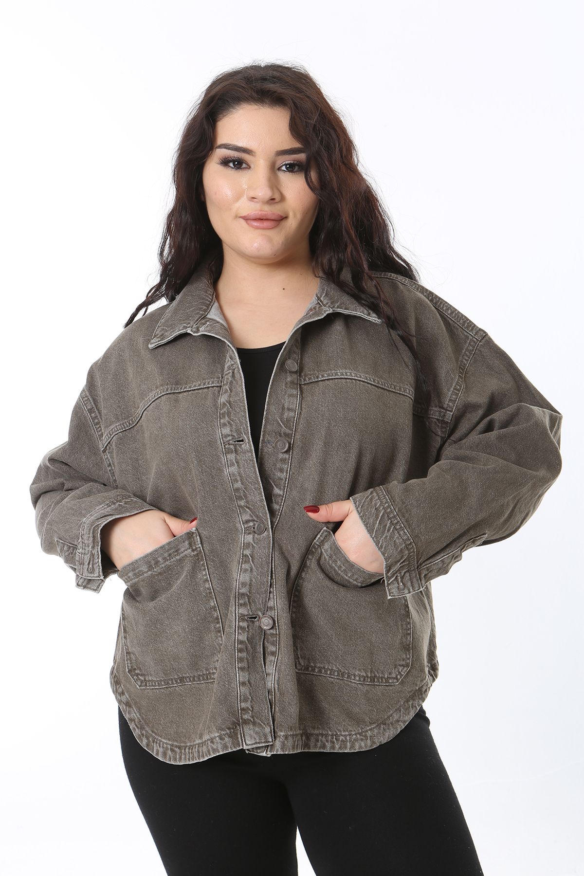 Şans-Women's Plus Size Khaki Front Button Pocket Denim Shirt Coat 65N38681 3