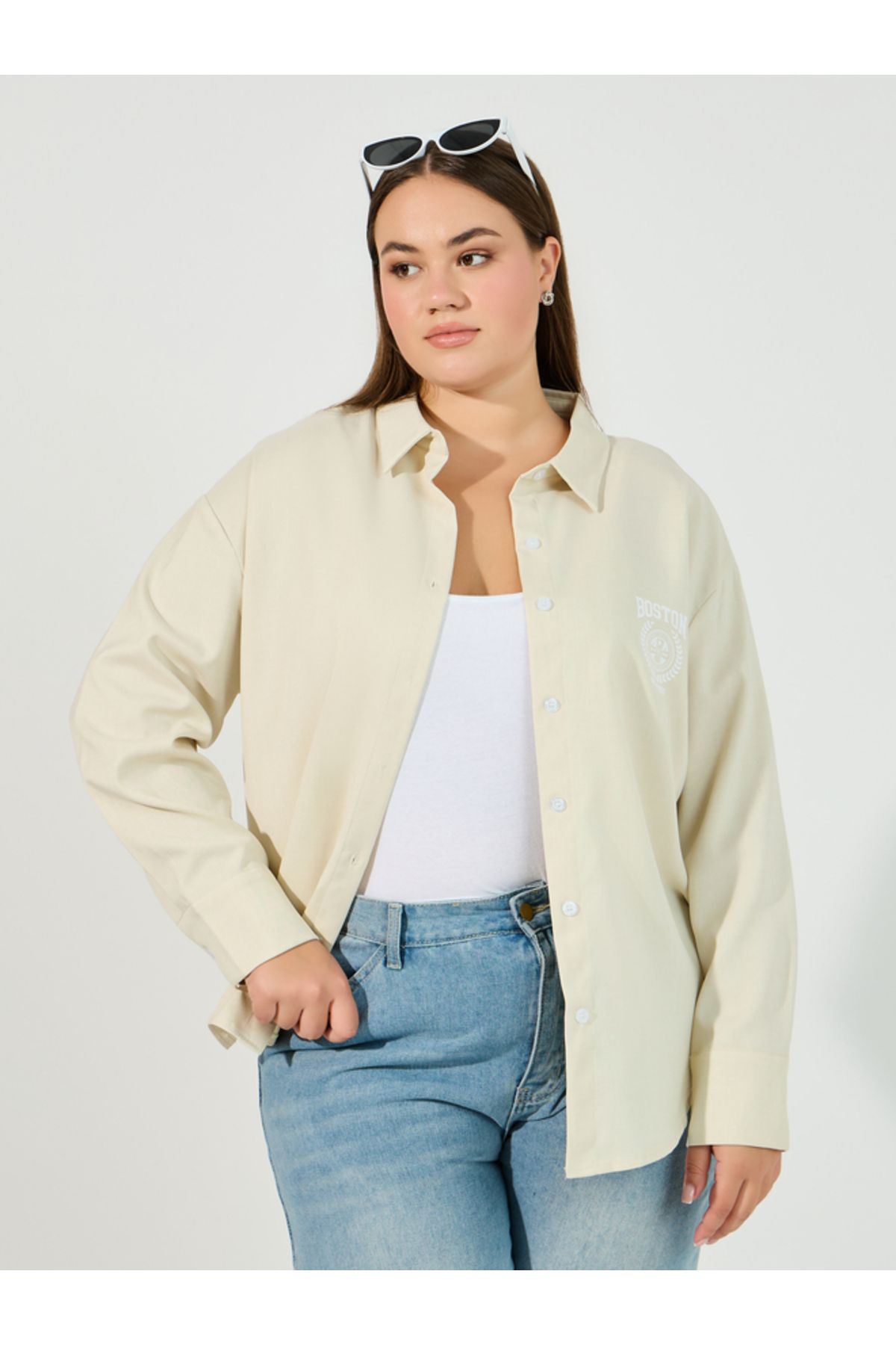 Styli-Plus Size Boston Print Chambray Oversized Shirt 1