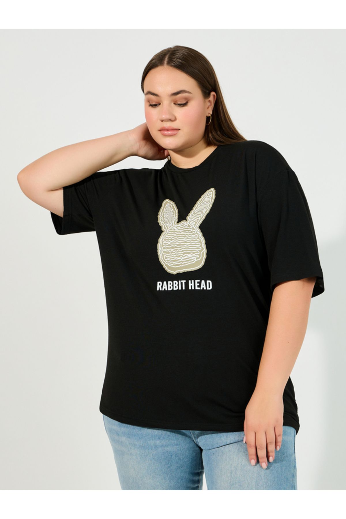 Styli-Plus Size Rabbit Graphic Print Oversized T-Shirt 1