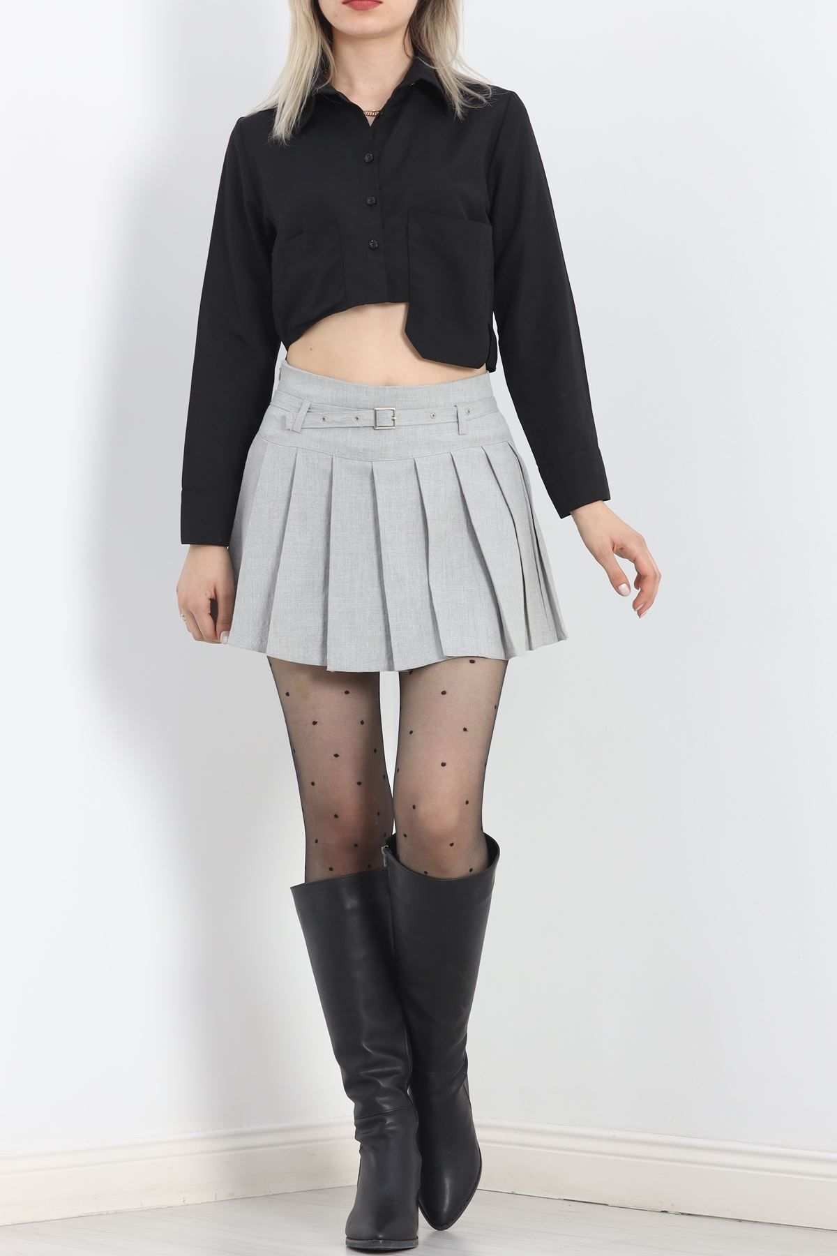 SaklıModa-Gray Pleated Belted Skirt 6